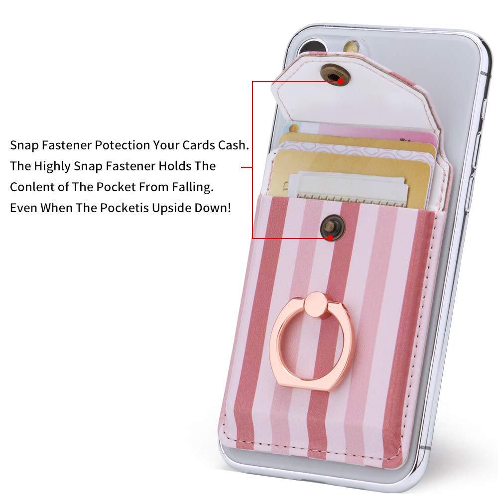 RFID Blocking Ring Stand & Adhesive Wallet Card Holder for iPhone, Android & All Smartphones - Stick on Phone Back for Credit Cards - Pink Striped Design | Perfect for Hands-Free Viewing, Contactless Payments & Everyday Convenience