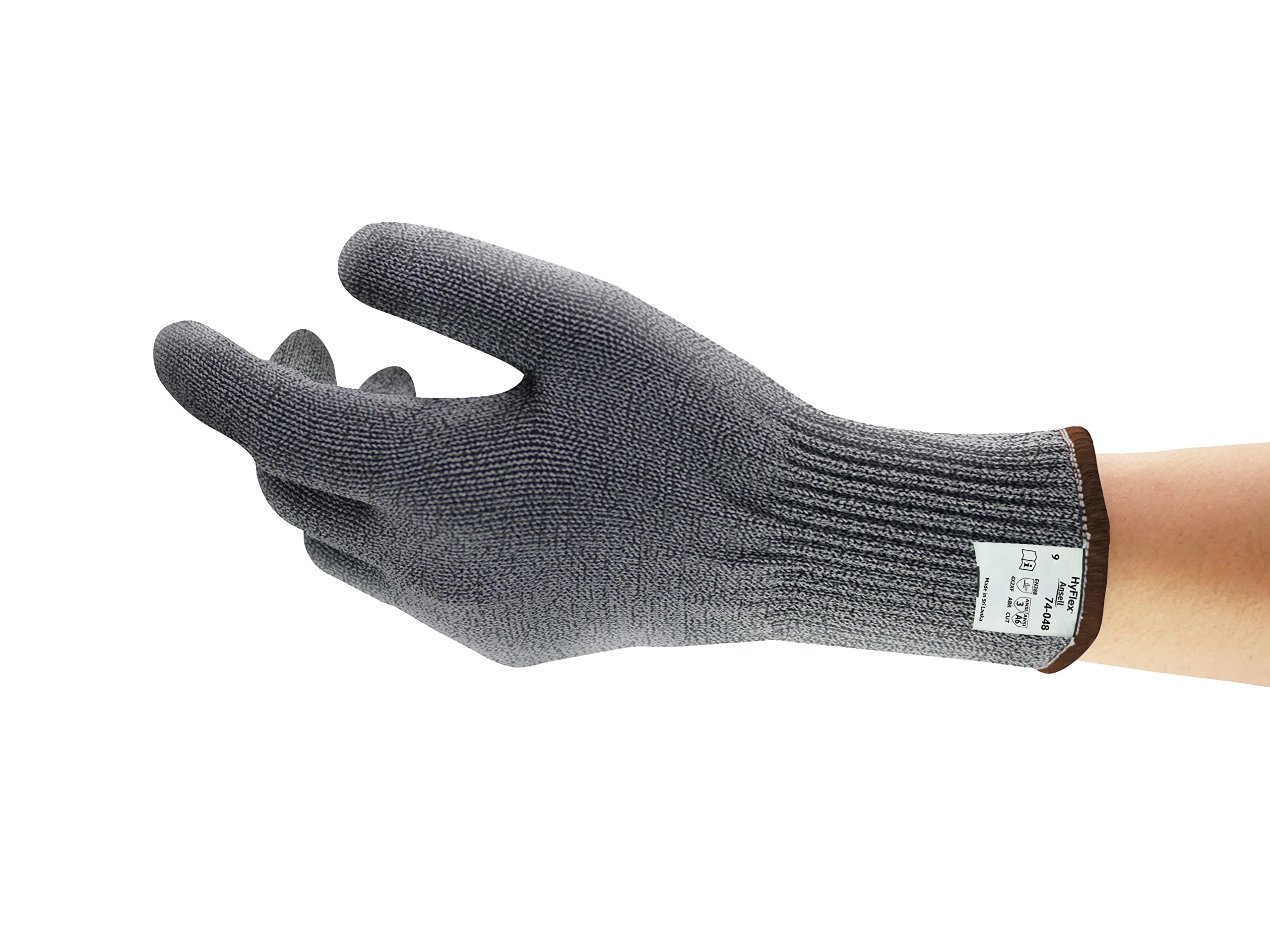 Ansell Hyflex 74-048 Lightweight Cut-Resistant Knitted Industrial Gloves with Extended Cuff - Size Large (9), Grey (12-Pack) - Ideal for Food Processing, Metal Handling & General Industrial Safety Work