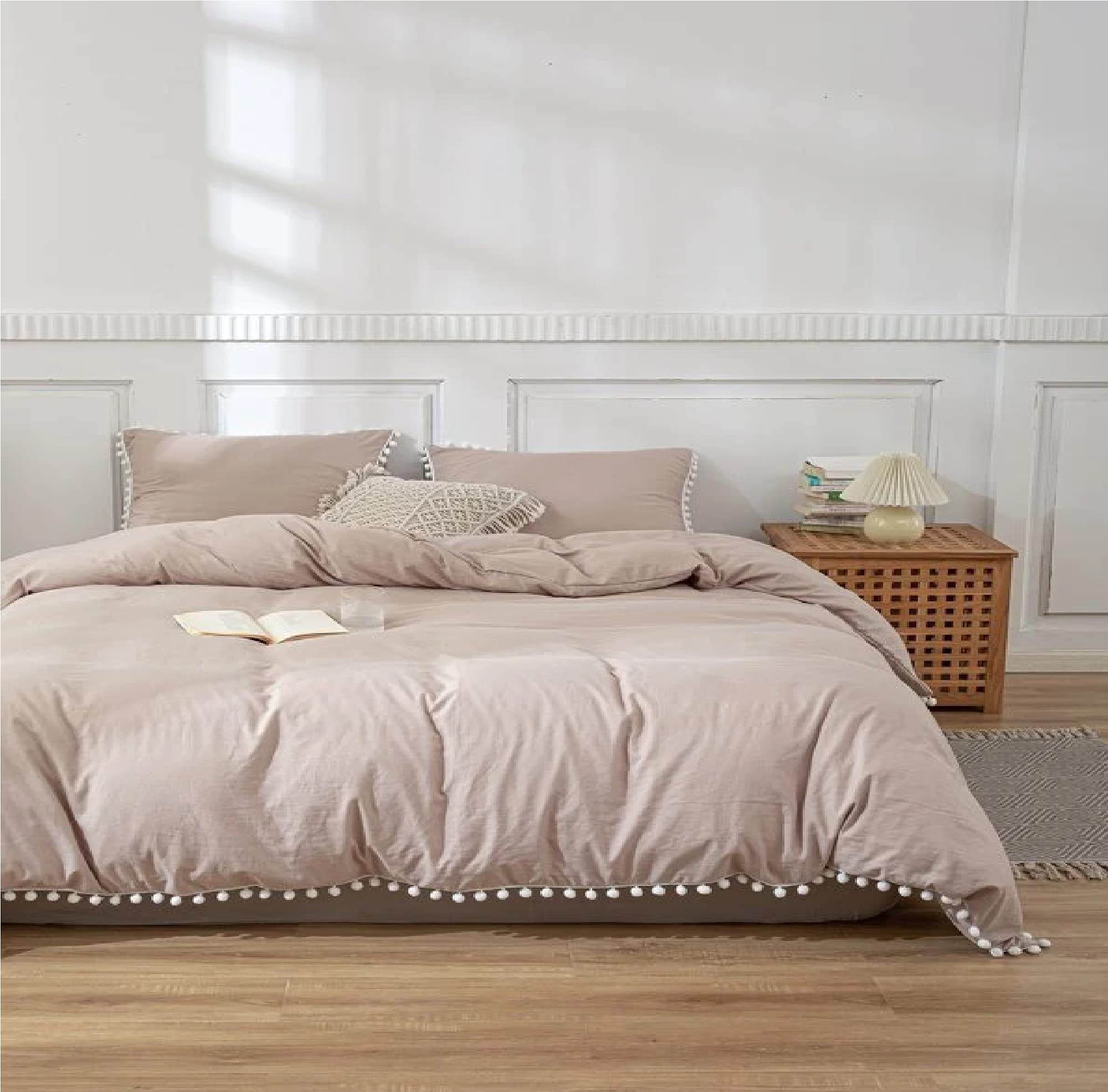Beige Stone Washed Cotton Duvet Cover Set with White Pom Pom Trim - Queen/King/Twin/California King Size - Soft & Cozy Bedding for Master Bedroom, Guest Room, or Dorm