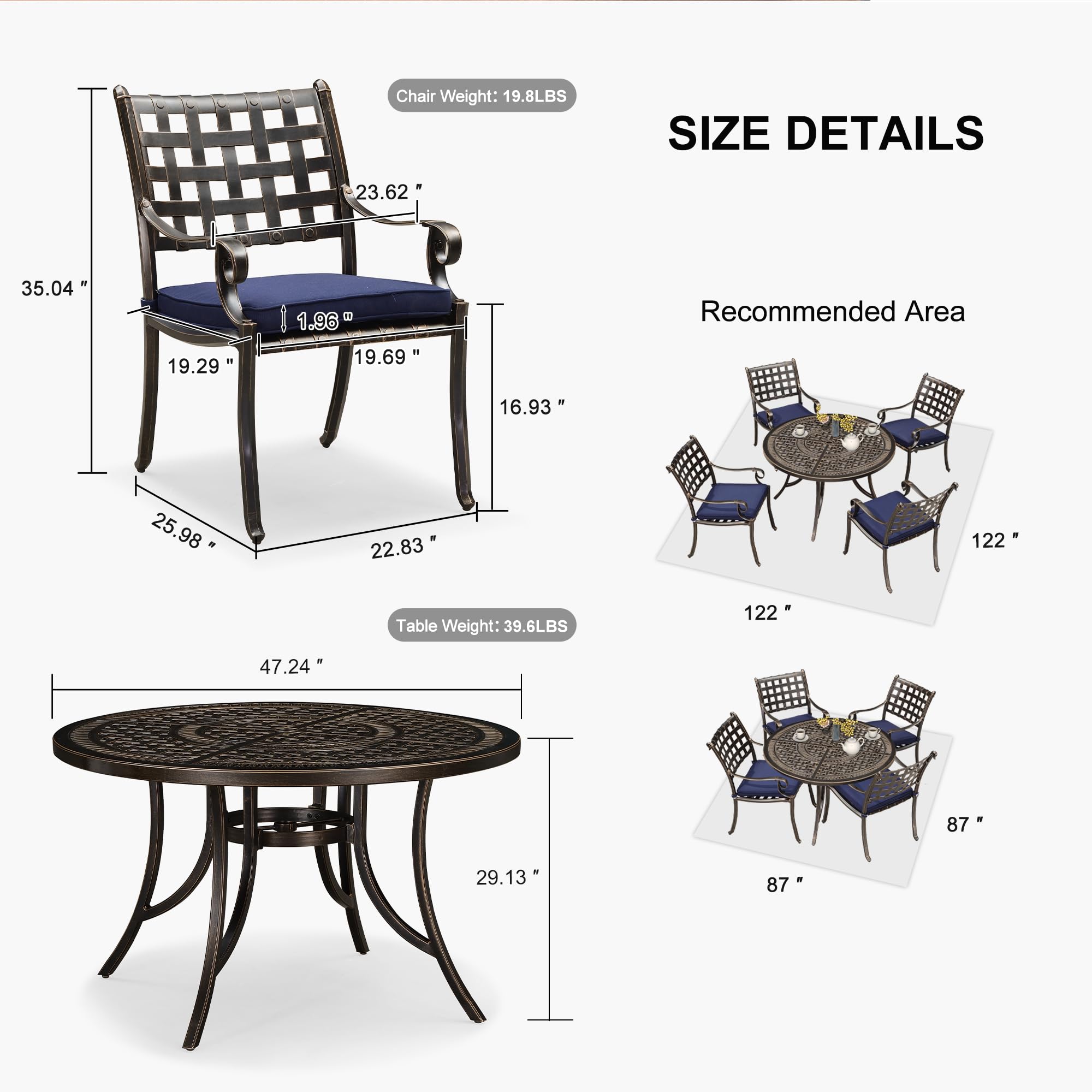PURPLE LEAF 5-Piece Outdoor Dining Set - Cast Aluminum Patio Furniture with 47