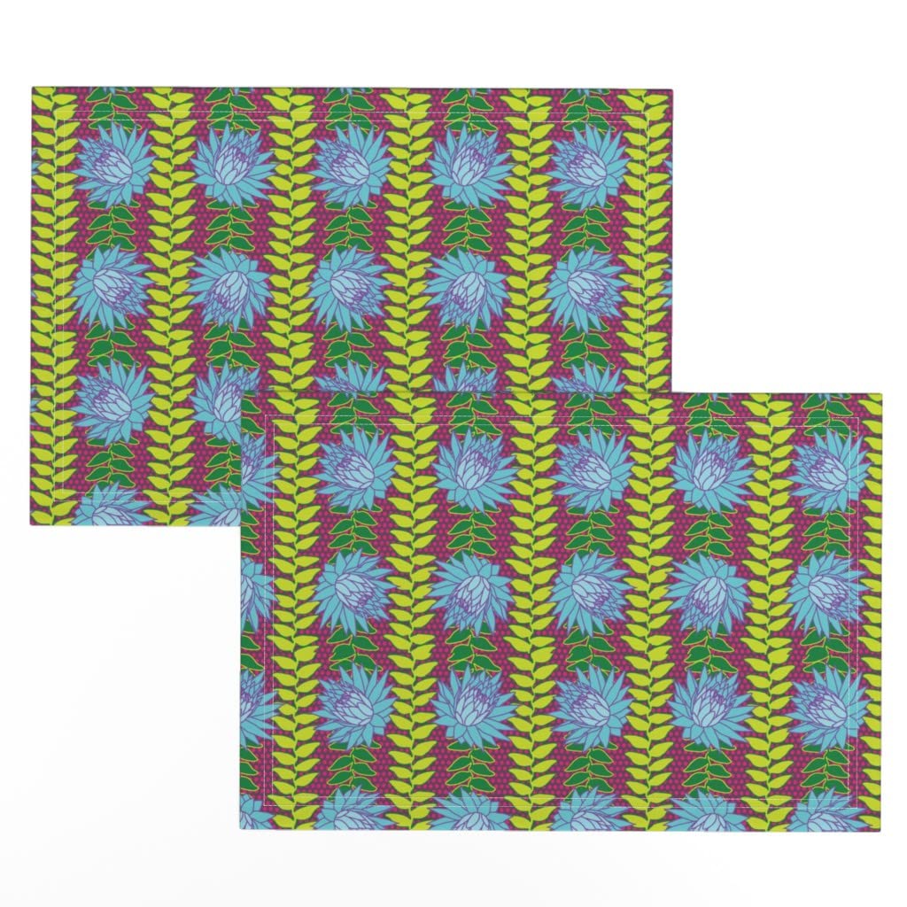 African Floral Print Linen Cotton Canvas Placemats Set of 2 - Blue Tribal Botanical Leaves Design for Dining Table Decor, Kitchen, Party & Home Decor