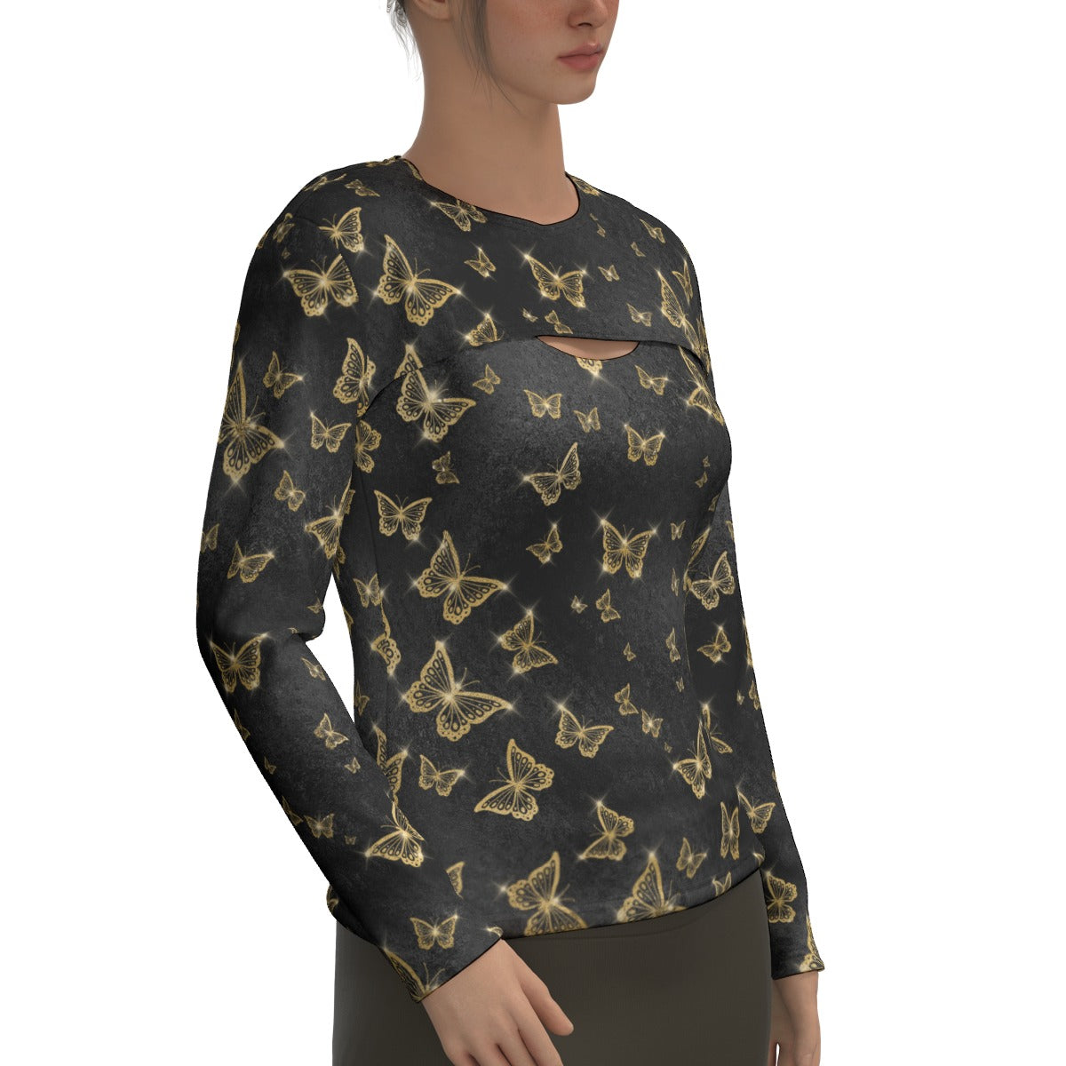 Golden Butterflies Two-Piece Sport Sweatshirt Set - Women's Athletic Hoodie & Joggers Outfit for Gym, Yoga & Casual Wear
