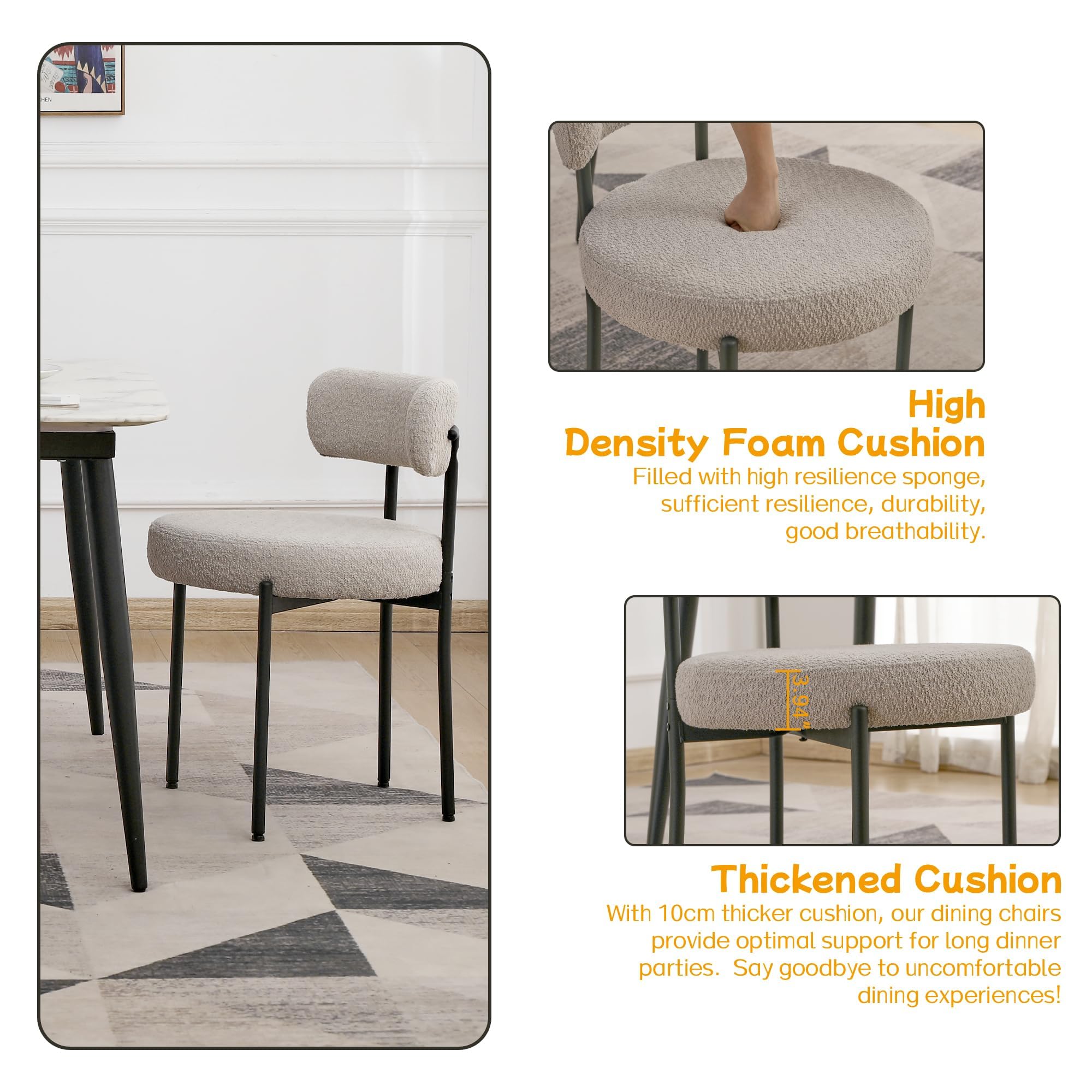 EDWELL Boucle Dining Chairs Set of 4 - Modern Upholstered Kitchen Chairs with Thick Cushions & Black Metal Legs - Grey Round Accent Chairs for Dining Room, Kitchen, Living Room - Perfect for Home Decor & Entertaining Guests