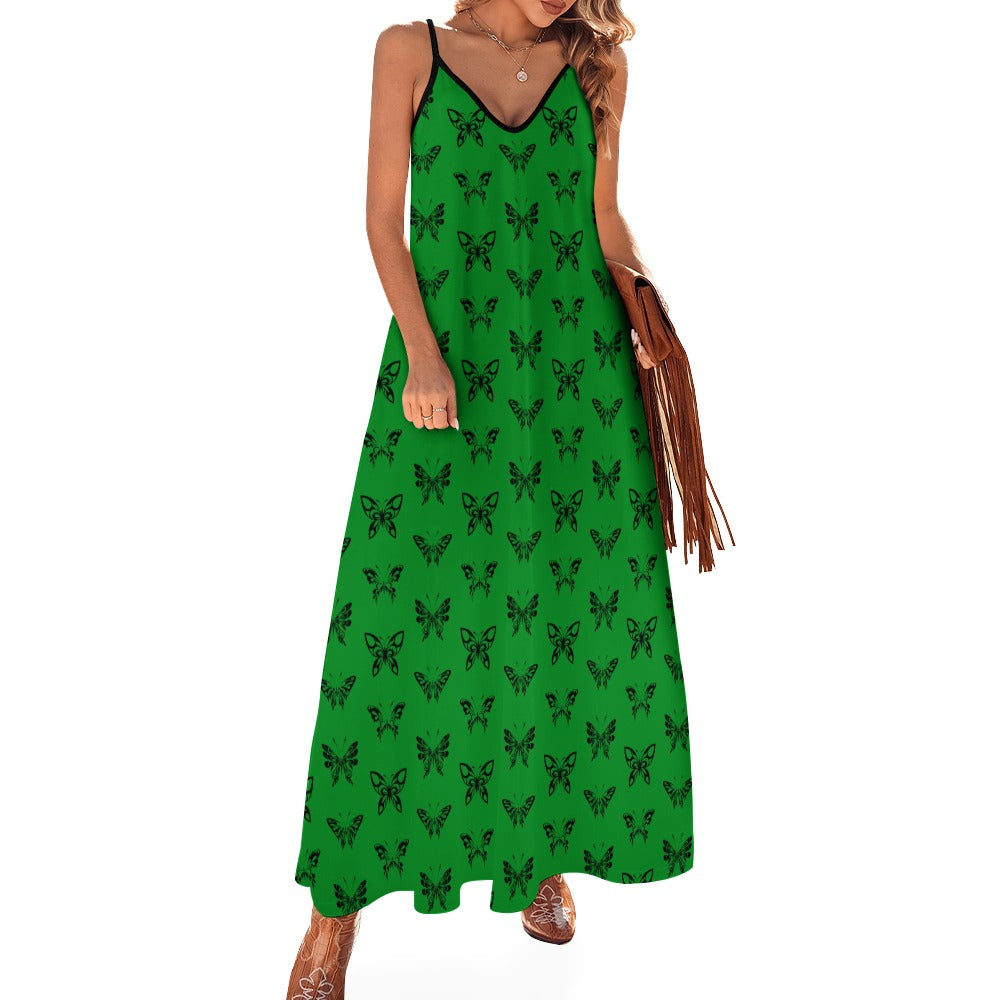 Elegant Ink Butterfly Print Long Sling Ankle Dress for Women - Perfect for Summer Parties, Beach Vacations, and Boho Chic Outfits