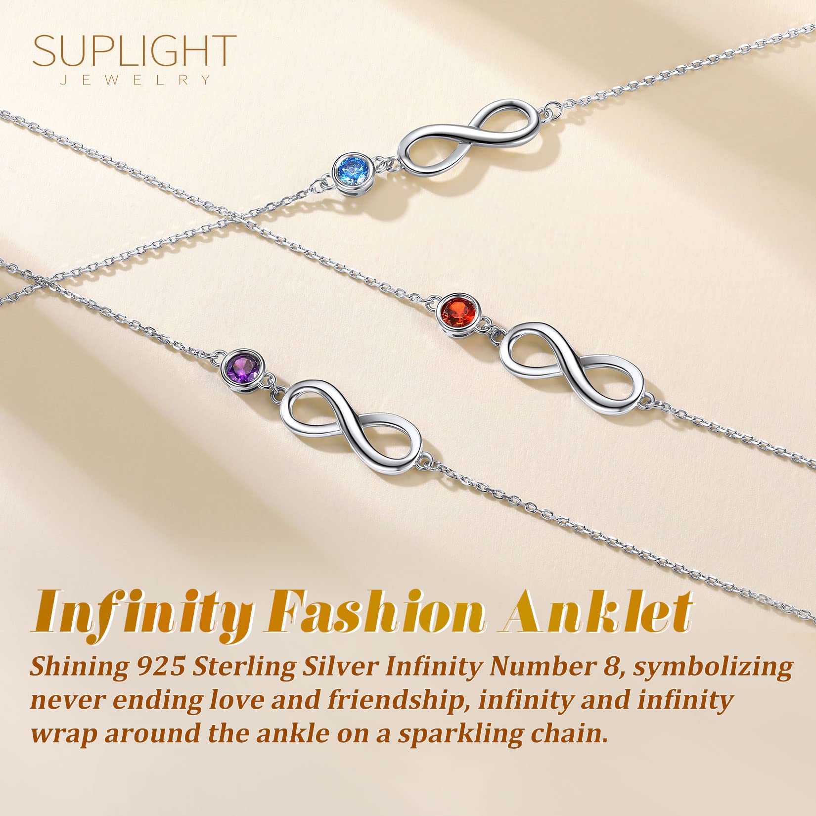 Suplight 925 Sterling Silver Infinity Birthstone Anklet - Dainty Crystal Foot Chain Bracelet for Women with Gift Box | Perfect for Birthdays, Anniversaries & Everyday Elegant Wear