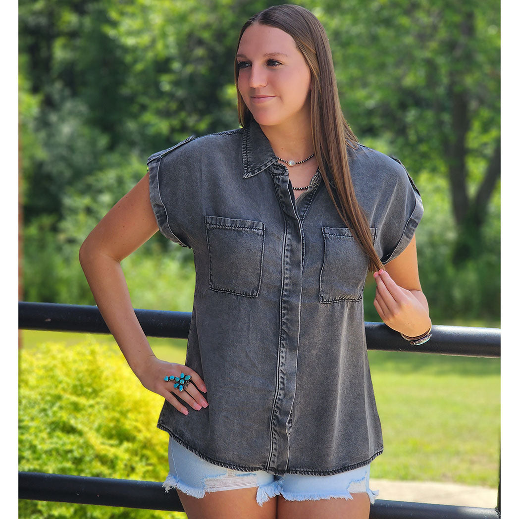 Andree Women's Slim Fit Charcoal Denim Shirt - Casual Long Sleeve Button Down Top for Work, Date Night & Everyday Wear