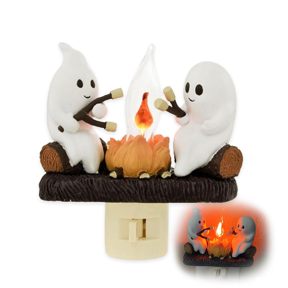 Ghost Campfire Flickering LED Night Light - Halloween Pumpkin Decor Plug-in Wall Light (0.5W) for Spooky Room Decorations, Bedroom Ambiance & Halloween Party Decorations
