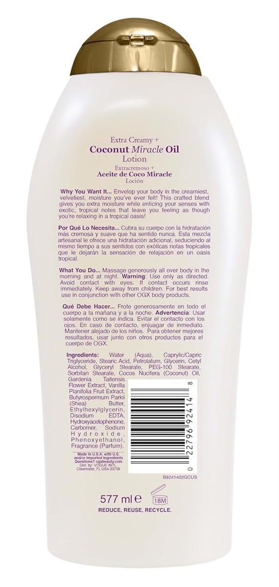 OGX Extra Creamy Coconut Miracle Oil Body Lotion, 19.5 oz (577ml) - Pack of 6 | Ultra Hydrating Moisturizer for Dry Skin | Perfect for Daily Use, After Shower & Spa Days
