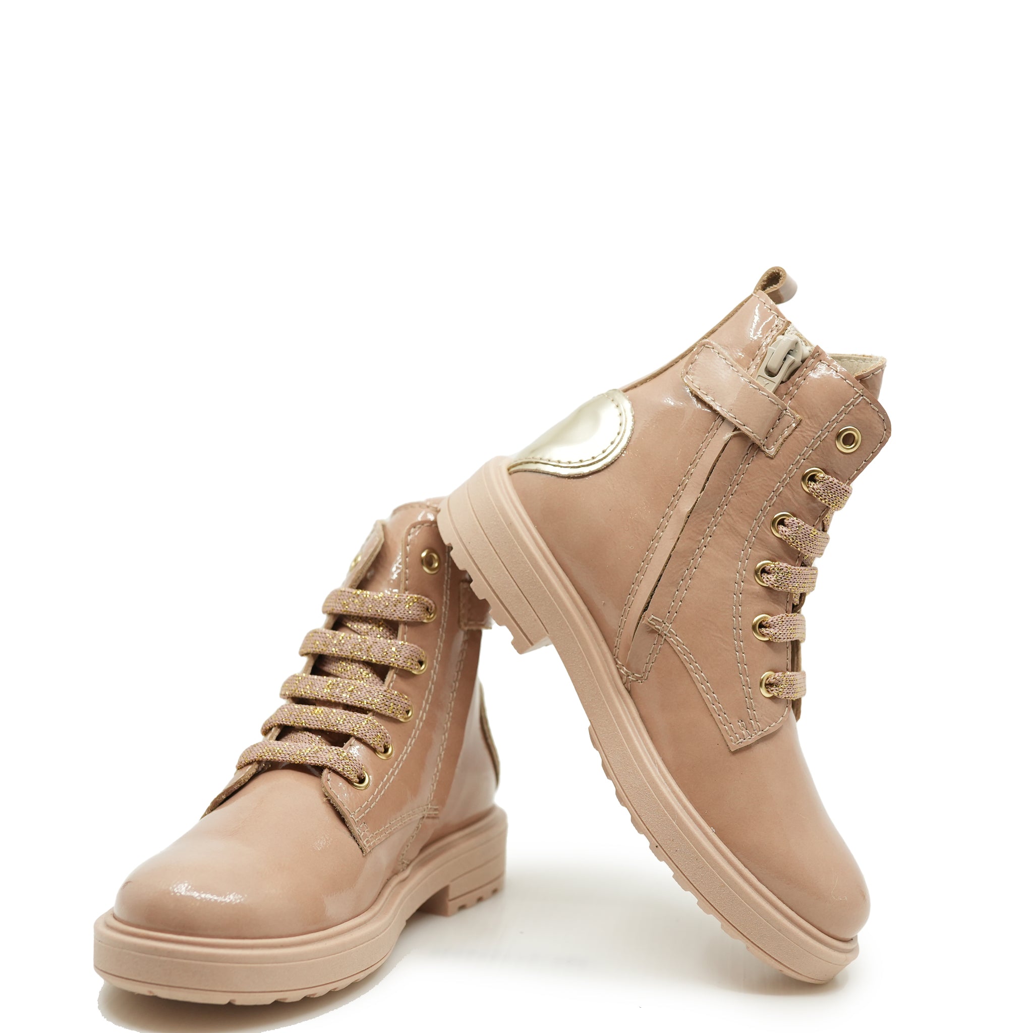 Beberlis Women's Pink & Gold Patent Leather Heart Ankle Boots - Fashionable High Heel Booties for Parties, Dates & Night Out