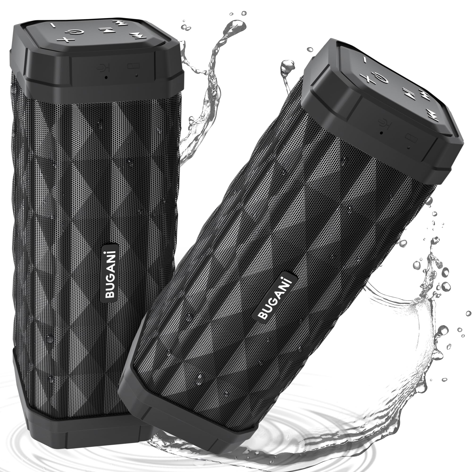 BUGANI Bluetooth Speakers - Portable Wireless Speakers with True Wireless Stereo (TWS) Pairing, Loud Stereo Sound, IPX5 Waterproof, Built-in Mic, 24H Playtime, USB-C Charging - Perfect for Outdoor Travel, Beach, Camping, Pool Parties & Home Use (2 Pack)