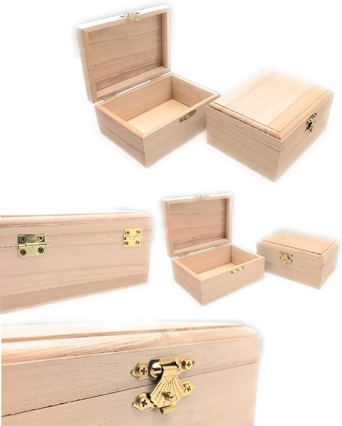 12 Unfinished Wooden Boxes DIY Craft Storage for Jewelry & Keepsakes - Hinged Lid & Clasp