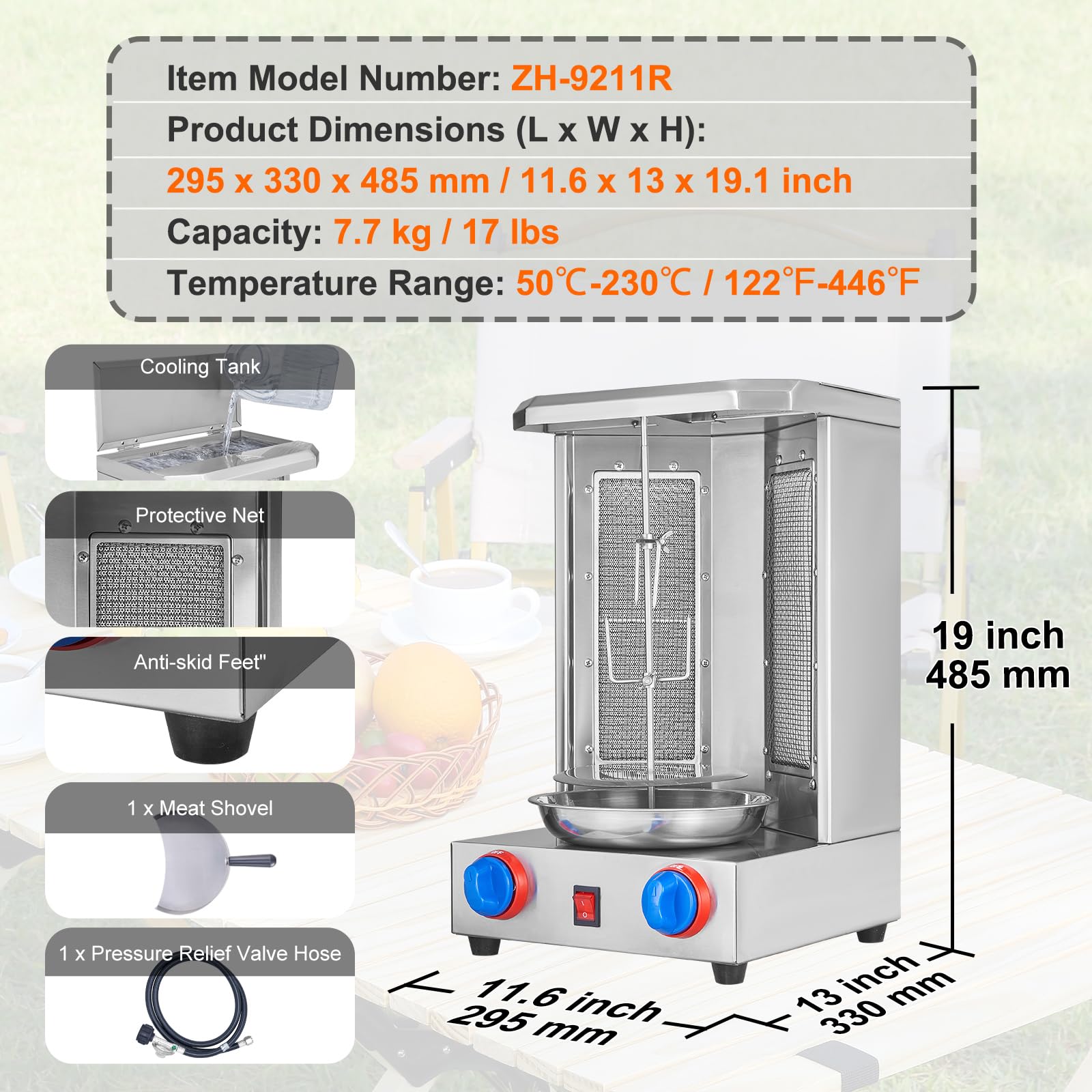 Happybuy Commercial Shawarma Grill Machine - 13 lbs Capacity Gas Vertical Broiler with 2 Burners | Professional Chicken Shawarma Cooker & Gyro Rotisserie Oven for Home, Restaurant, Kitchen & Outdoor Parties | Perfect for Middle Eastern Cuisine, Food Trucks & Catering Events