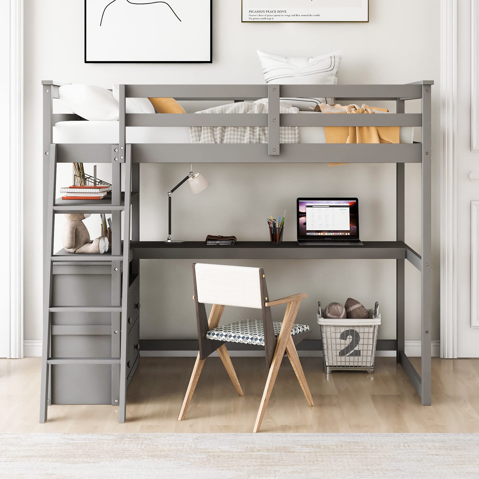 Harper & Bright Designs Twin Size Loft Bed with Desk & Shelves for Kids - Space Saving Study Bed with 2 Built-in Drawers, Gray - Perfect for Small Bedrooms, Dorm Rooms & Kids Study Areas