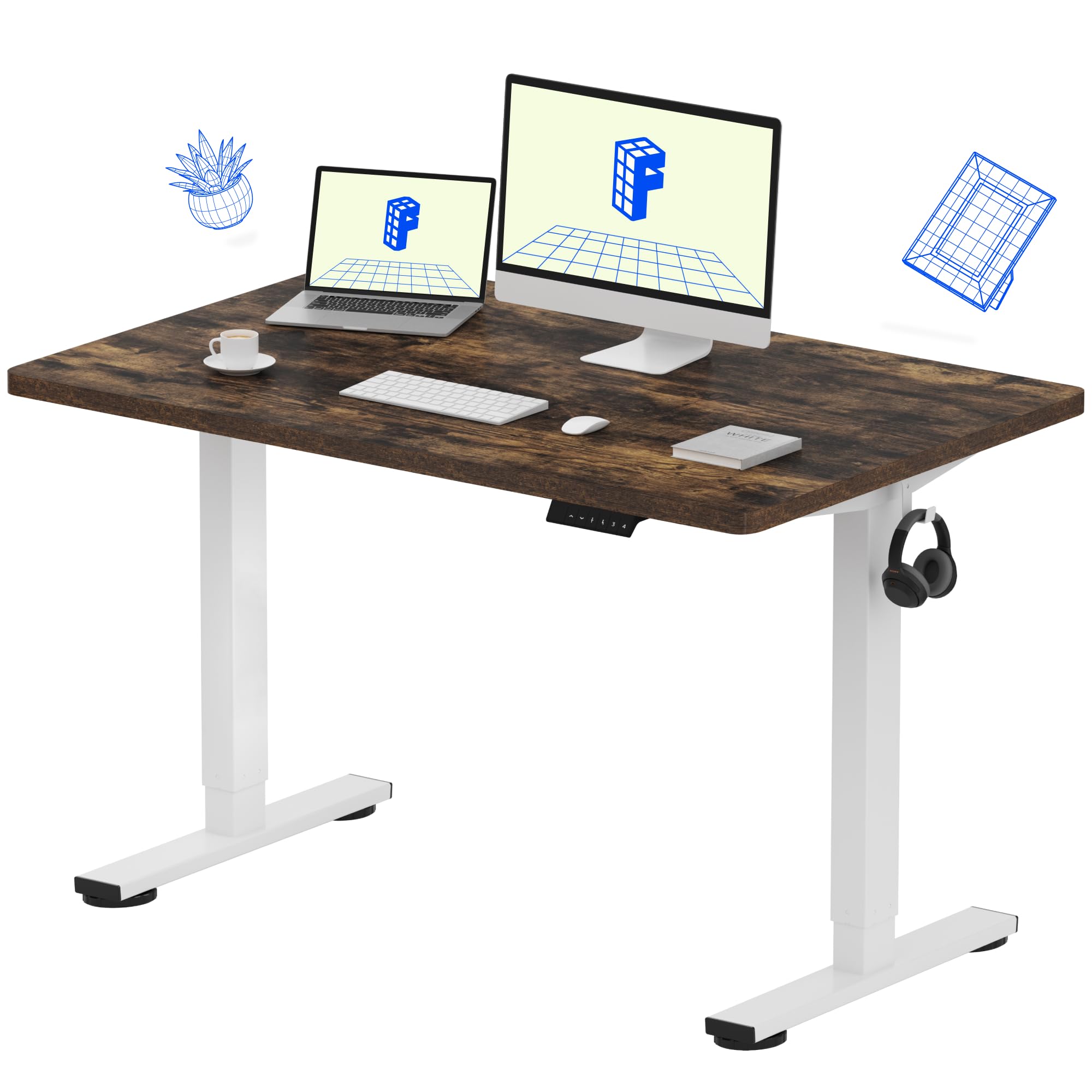FLEXISPOT EN1 Electric Standing Desk - 48 x 30 Inches Height Adjustable Workstation, White Frame & Rustic Brown Top for Home Office | Sit Stand Desk for Working, Studying & Gaming (2 Packages)