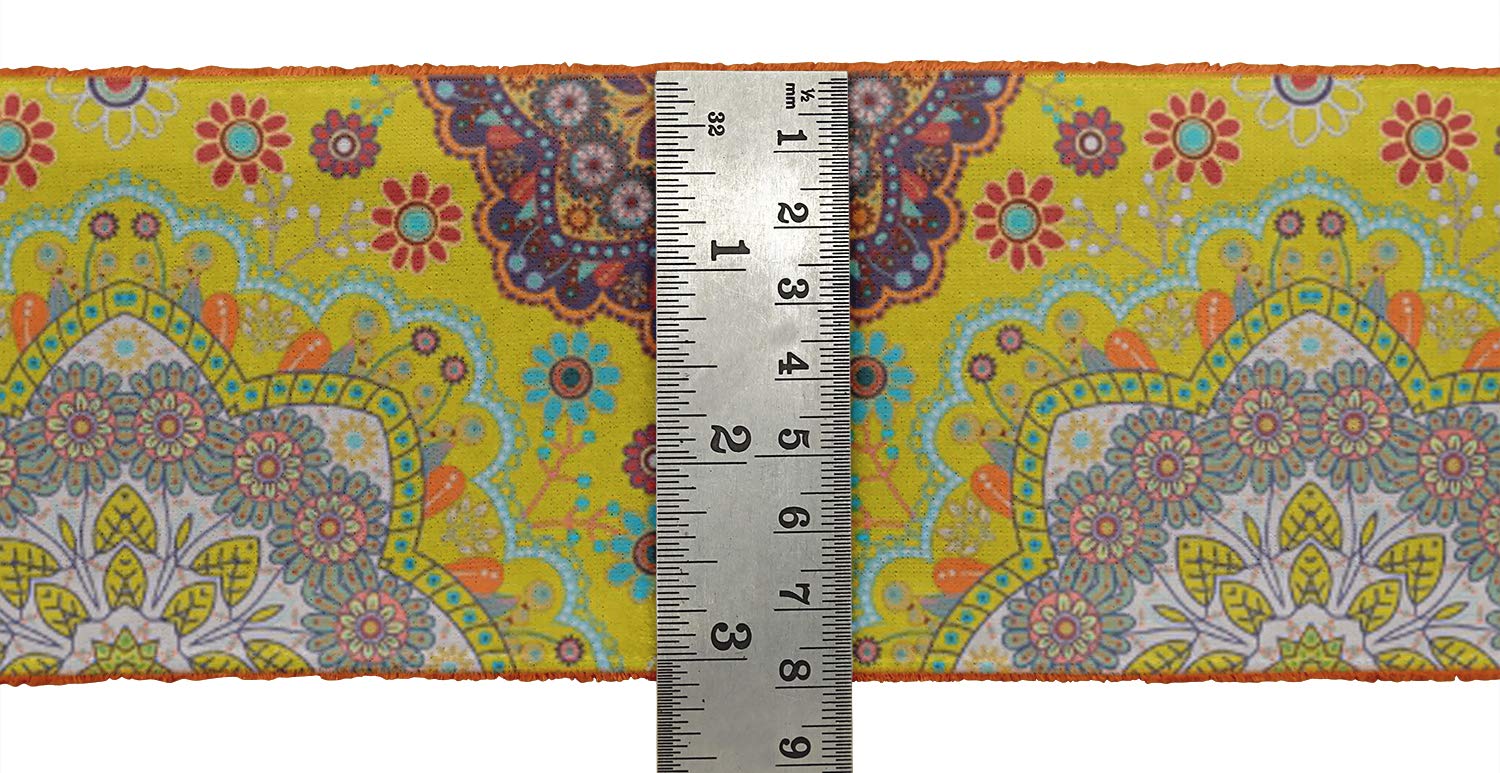 Indian Beautiful Art Yellow Floral & Mandala Kaleidoscope Printed Velvet Ribbon Trim - 9 Yards x 3 Inches Wide for Sewing, Crafts, DIY Accessories - Perfect for Costume Design, Gift Wrapping & Home Decor
