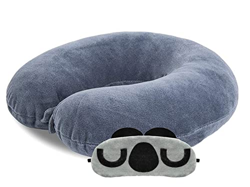Juzzii Velvet Neck Pillow & Sleep Mask Set - Ultra Soft Travel Pillow with Adjustable Eye Mask for Airplane, Car & Home Use - Grey (No-28) - Perfect for Long Flights, Road Trips & Office Naps