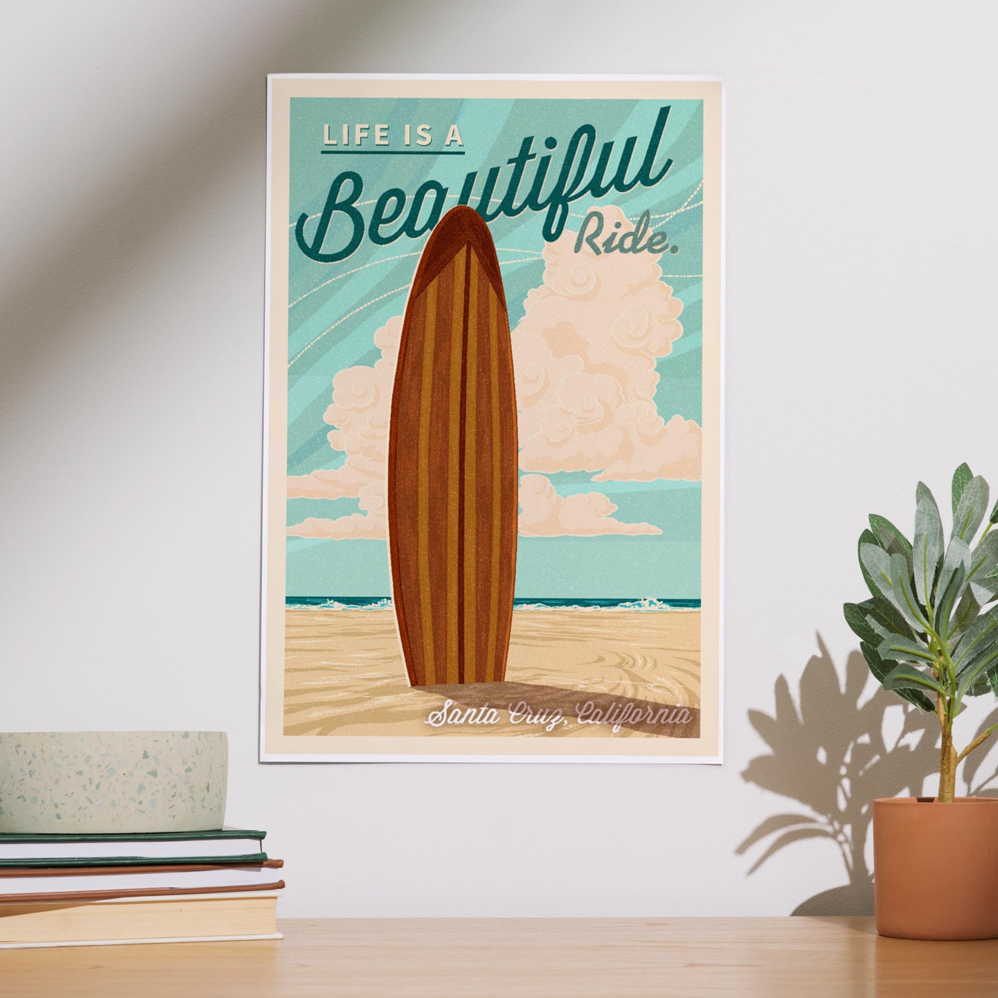Lantern Press 12x18 Inch Santa Cruz California Surf Art Print - Letterpress Wall Decor for Beach House & Coastal Living Room