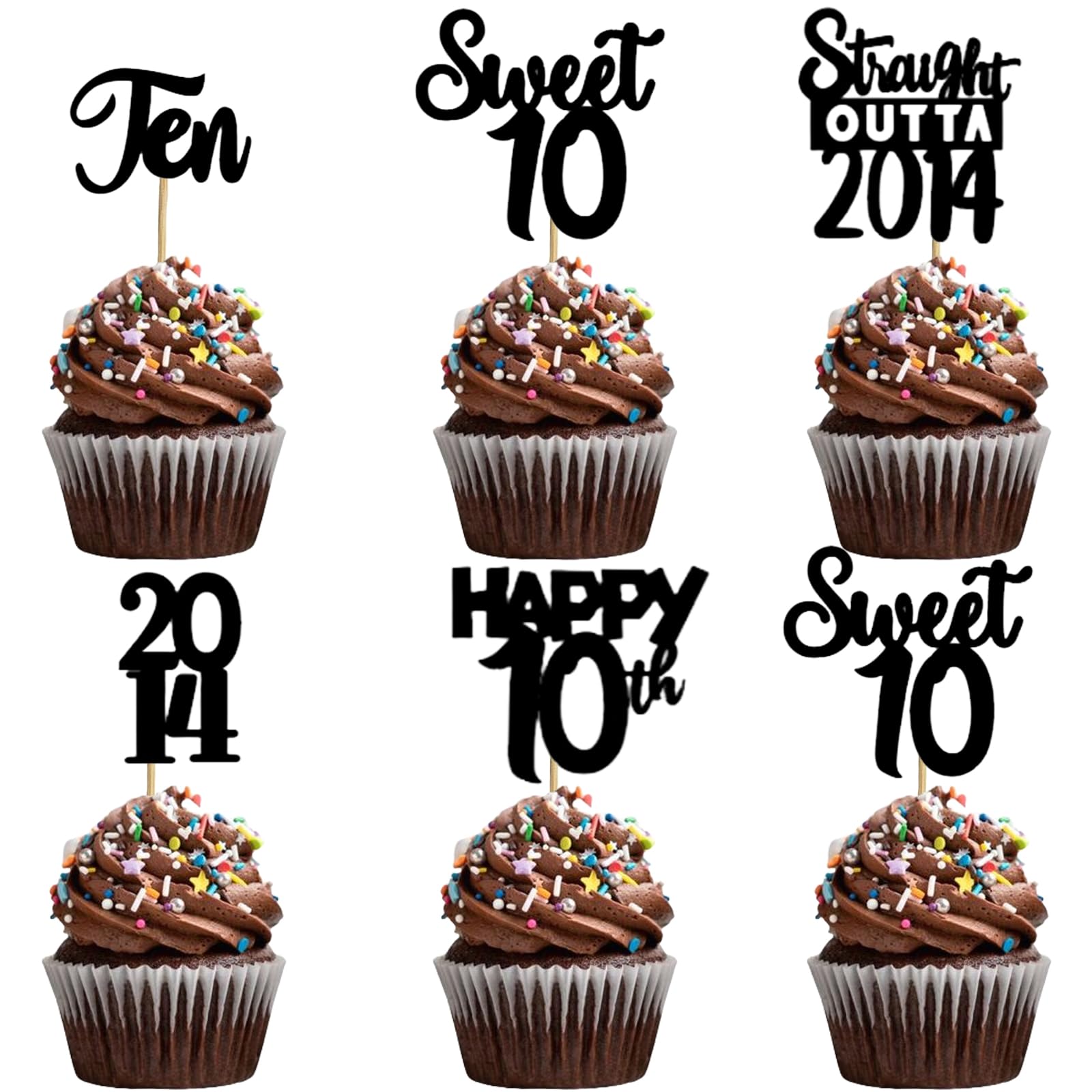 30PCS 10th Birthday Cupcake Toppers - Black & Gold Party Decorations for Boys & Girls - Cheers to 10 Years Celebration Supplies - Perfect for Birthday Cakes, Desserts and Party Decorations