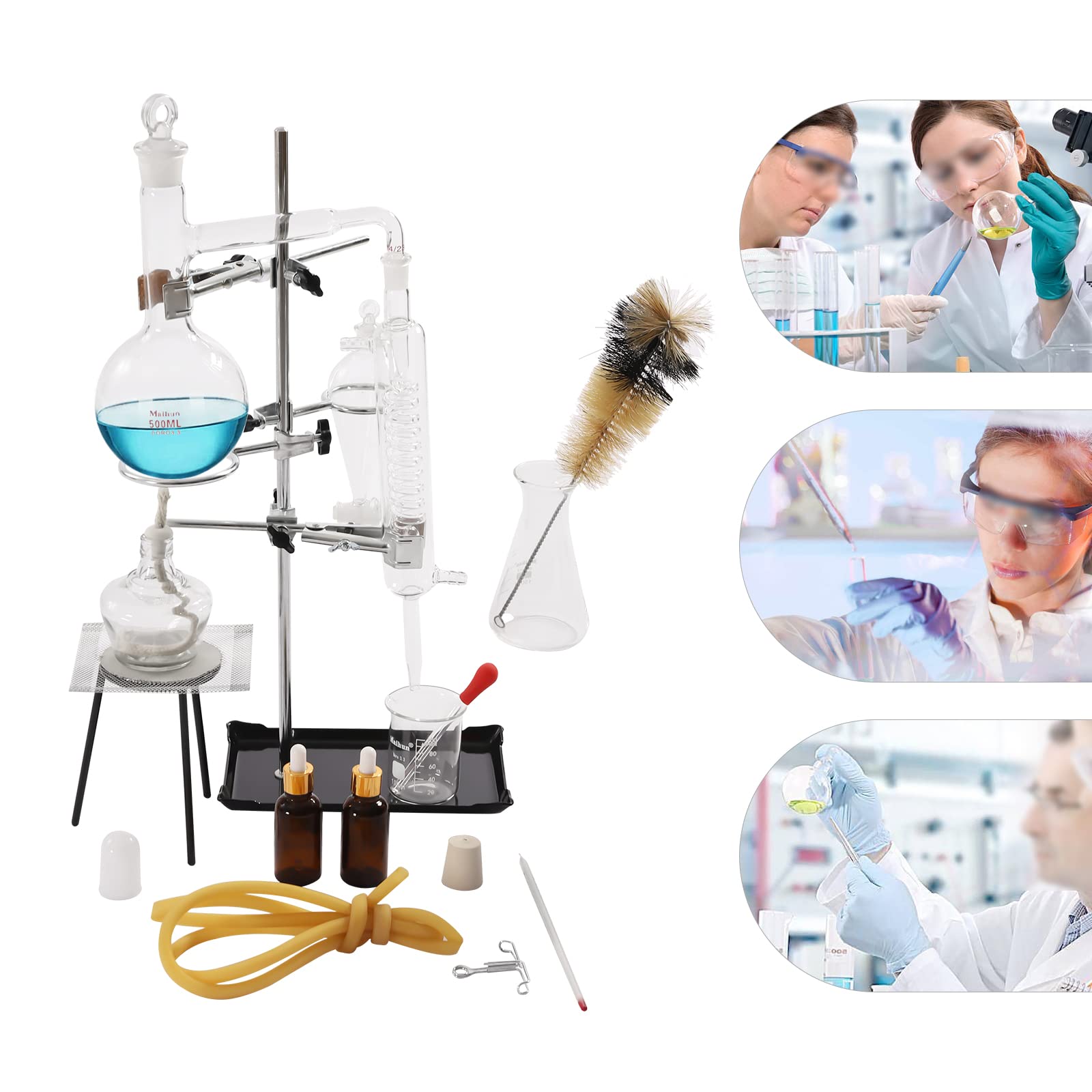 500ml Lab Glassware Distillation Kit - Steam Water & Alcohol Distiller, Organic Chemistry Purifier Equipment for Home & Lab Use | Perfect for Essential Oil Extraction, Chemistry Experiments & DIY Distilling