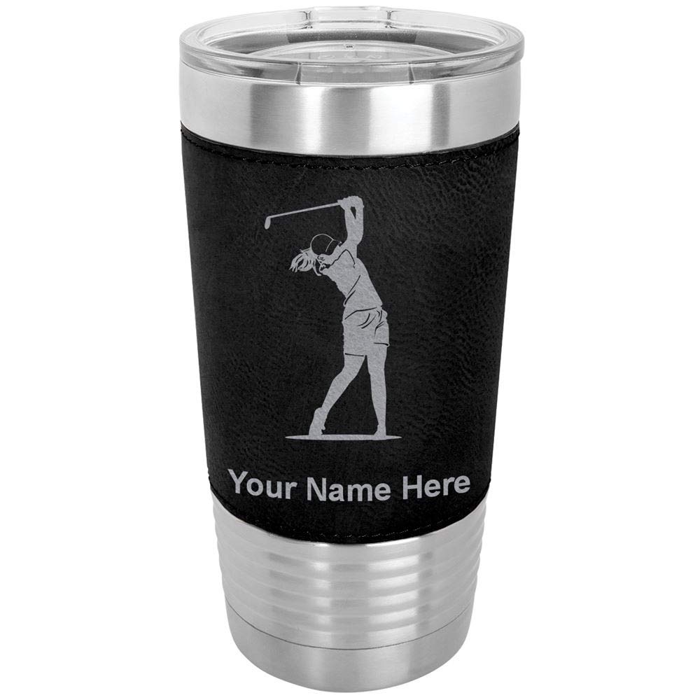 LaserGram 20oz Vacuum Insulated Stainless Steel Tumbler Mug with Personalized Engraving - Leakproof Travel Coffee Cup for Golfers & Women - Faux Leather Handle, Black - Perfect for Golf Outings, Office & Outdoor Activities