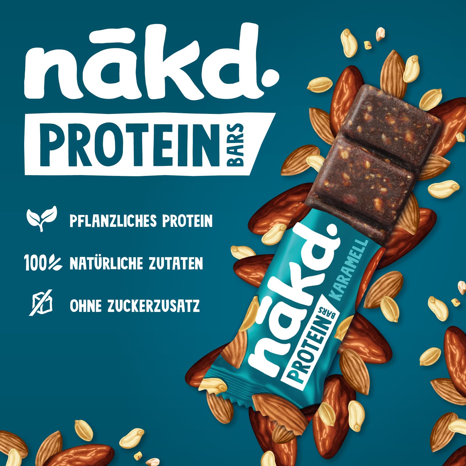 Nākd. Protein Caramel Bar | Plant-Based Protein Snack | 7g Vegan Protein | 100% Natural Ingredients | No Added Sugar | Vegan & Gluten-Free | 16 x 45g (720g Pack) | Perfect for Post-Workout, Hiking & Healthy On-the-Go Snacking