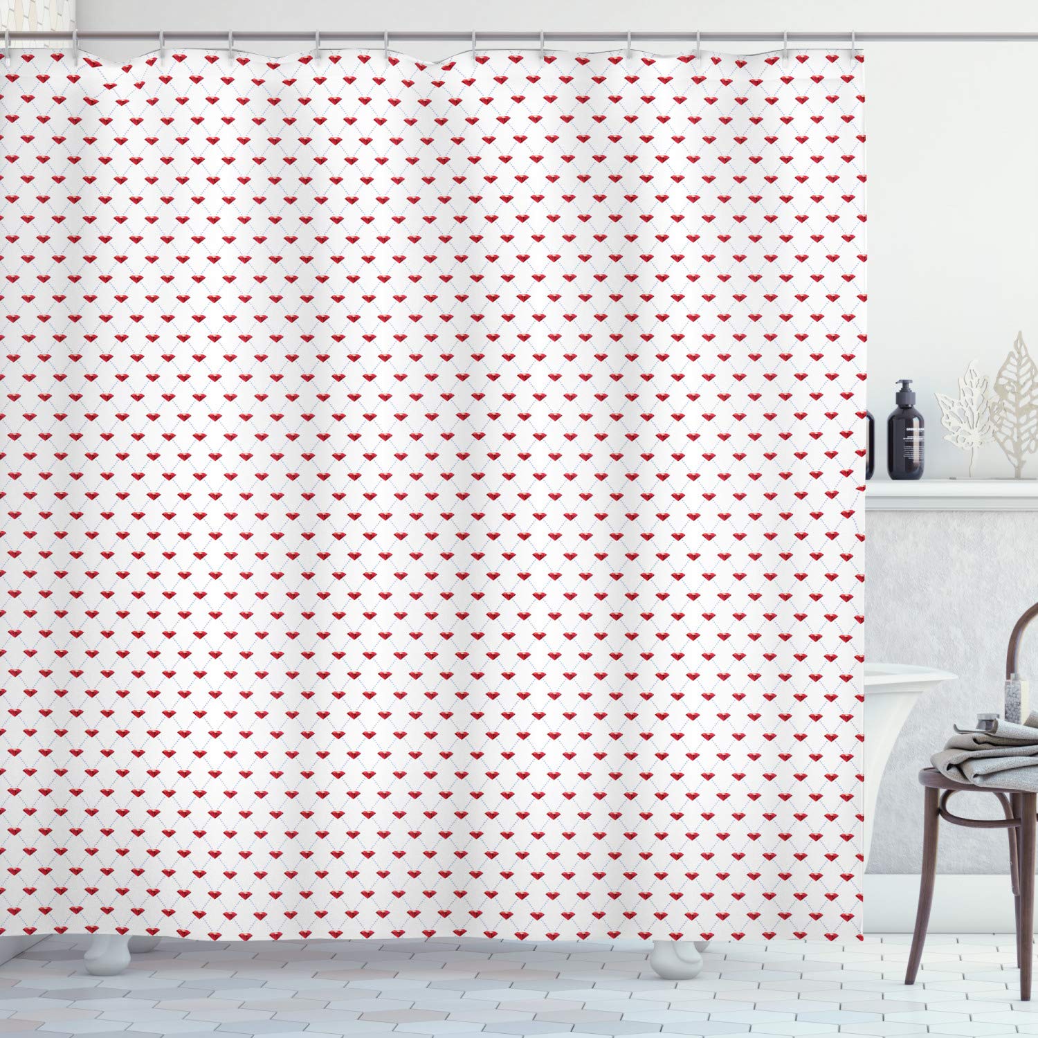 Ambesonne Diamond Pattern Shower Curtain - Blue Grey Ruby Dotted Rhombus Design with Traditionally Cut Stones, 69