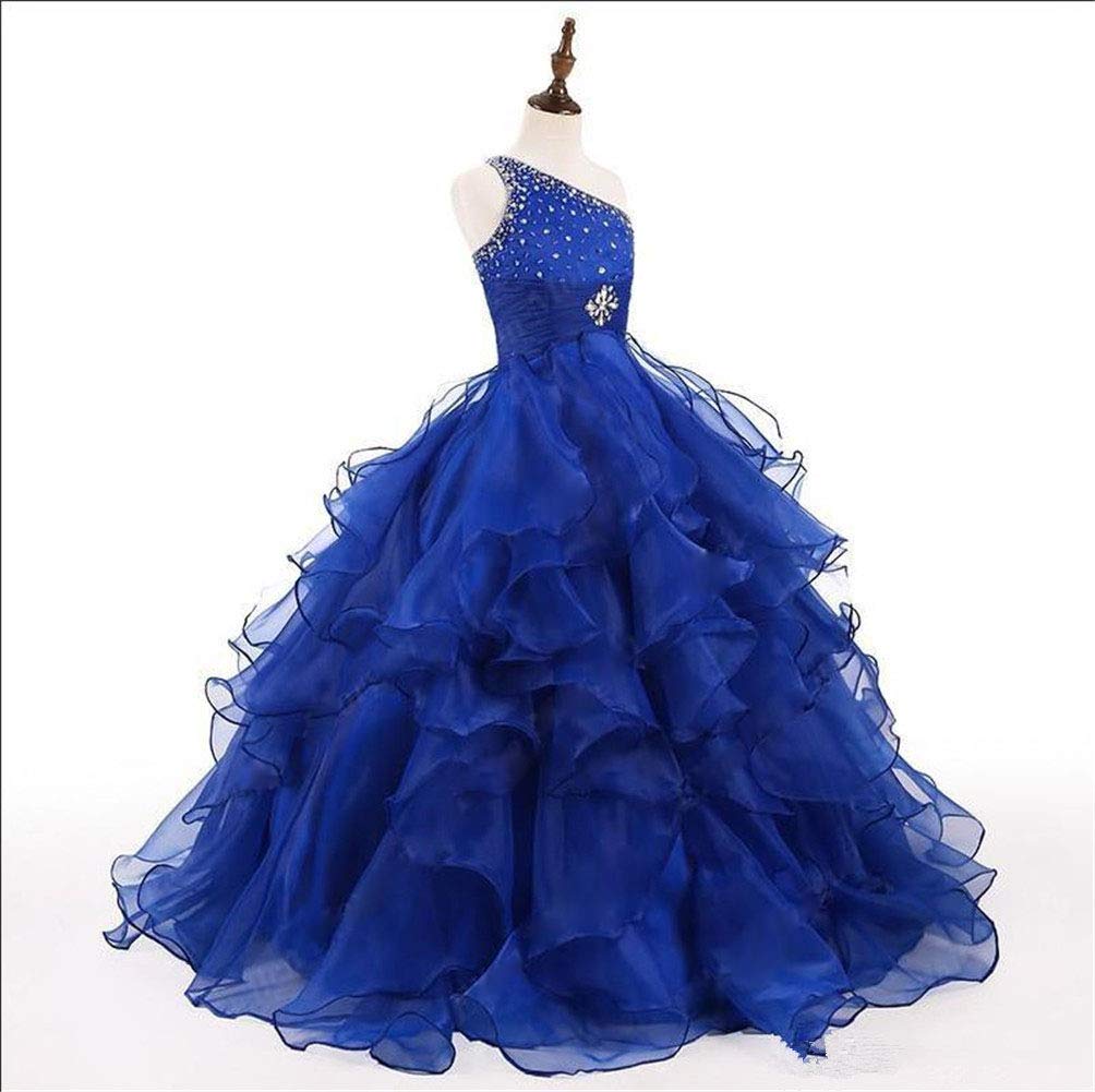 VeraQueen Girls One Shoulder Beaded Organza Pageant Dress - A-Line Sleeveless Long Ball Gown for Prom, Quinceañera, Wedding Party - Red Formal Evening Gown for Teen Girls