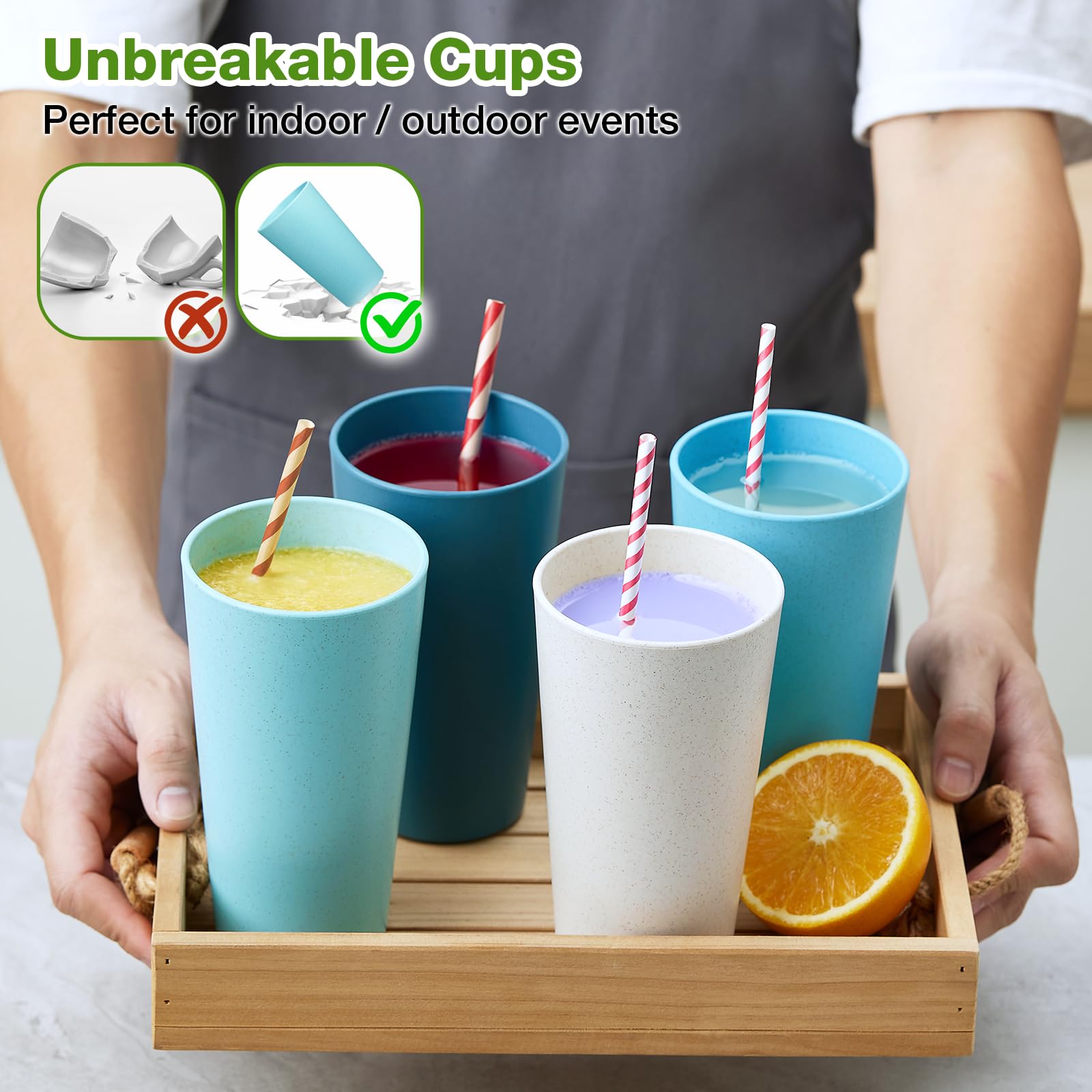 **8-Pack Wheat Straw Cups - 20oz Unbreakable, Chip-Resistant, BPA-Free Reusable Tumblers for Water, Juice & Smoothies - Dishwasher & Microwave Safe - Perfect for Kitchen, Camping, Travel & Outdoor Activities**