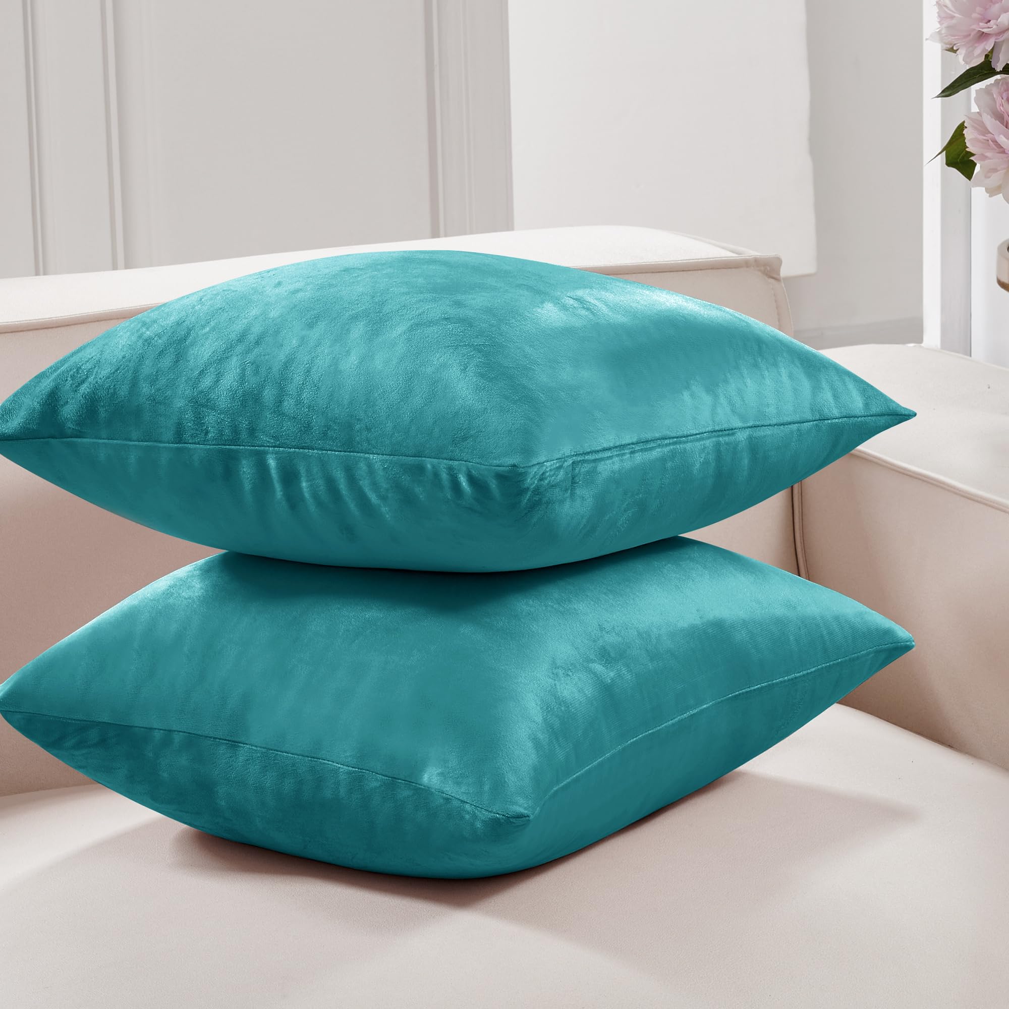 Deconovo 2 Pack Velvet Throw Pillow Covers 22x22 Inches - Super Soft Plush Cushion Covers for Sofa, Couch, Bed - Turquoise Blue Decorative Pillowcases for Living Room, Bedroom, Dorm Decor