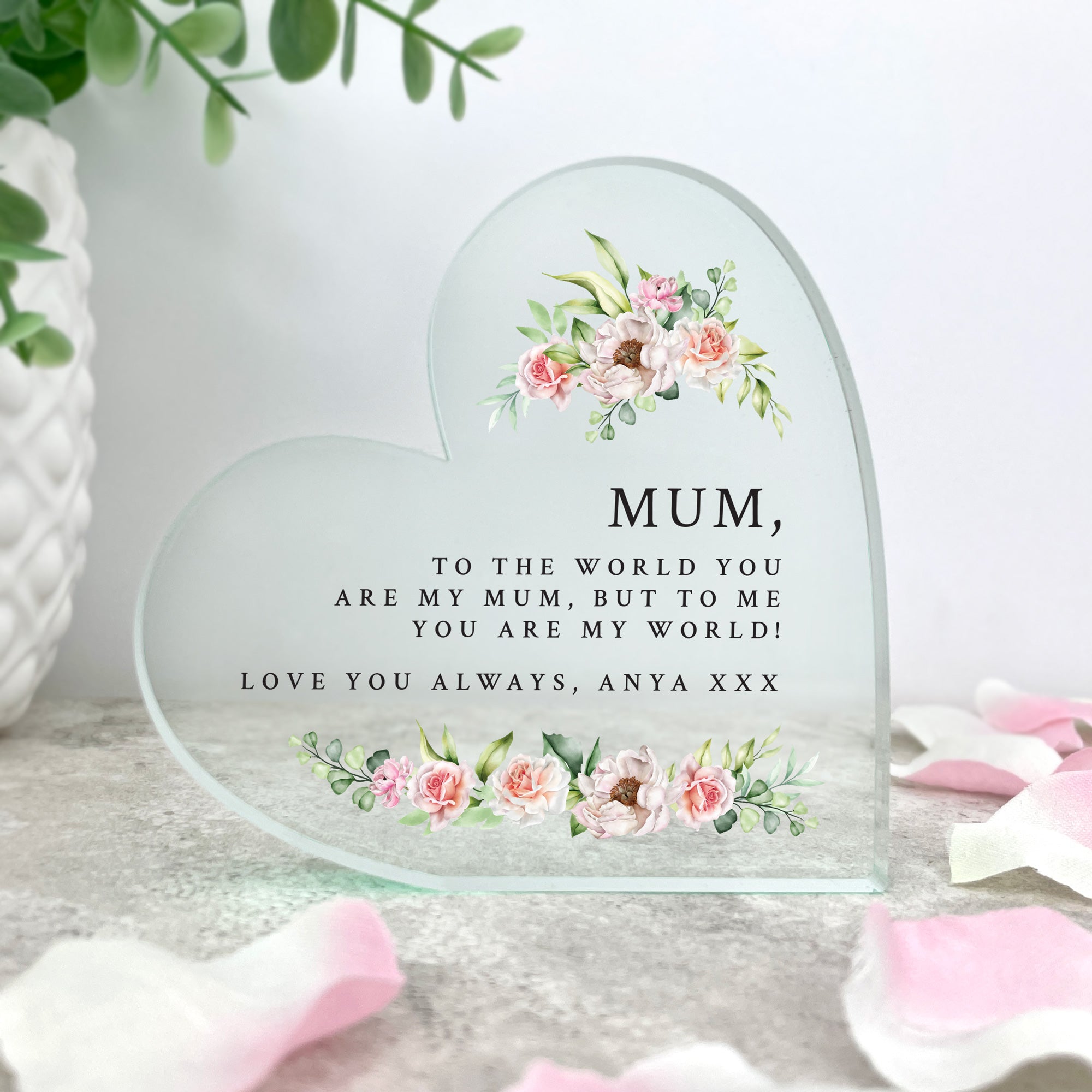 Personalized Any Message Pink Floral Acrylic Freestanding Heart Sign - Custom Wedding Decor, Anniversary Gift, Home Decoration for Bedroom & Living Room