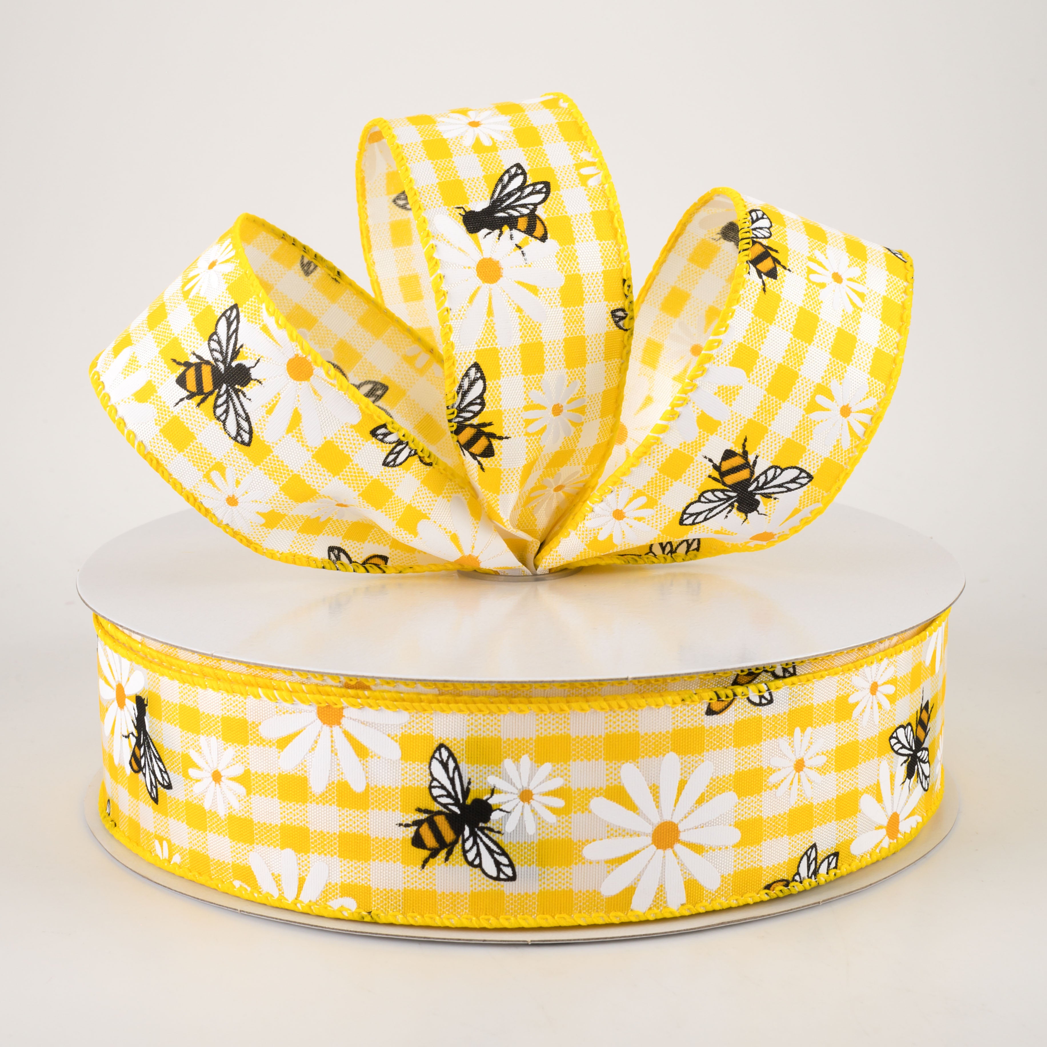 1.5 Inch Daisies & Bees Ribbon - Yellow & White Gingham Checked Craft Ribbon (50 Yards) for DIY Gift Wrapping, Scrapbooking & Party Decorations