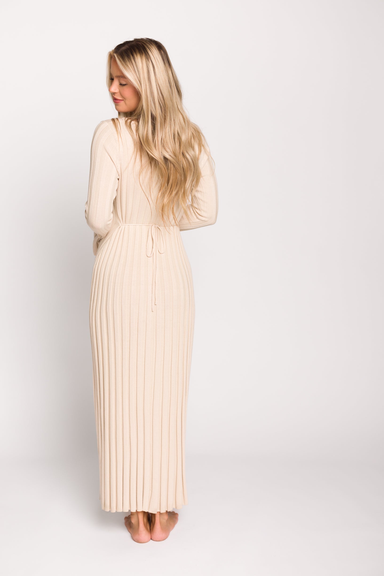 Hadley Long Sleeve V Neck Knit Maxi Dress in Cream Taupe - Elegant Women's Casual Maxi Dress for Fall & Winter, Perfect for Office, Date Night and Holiday Parties