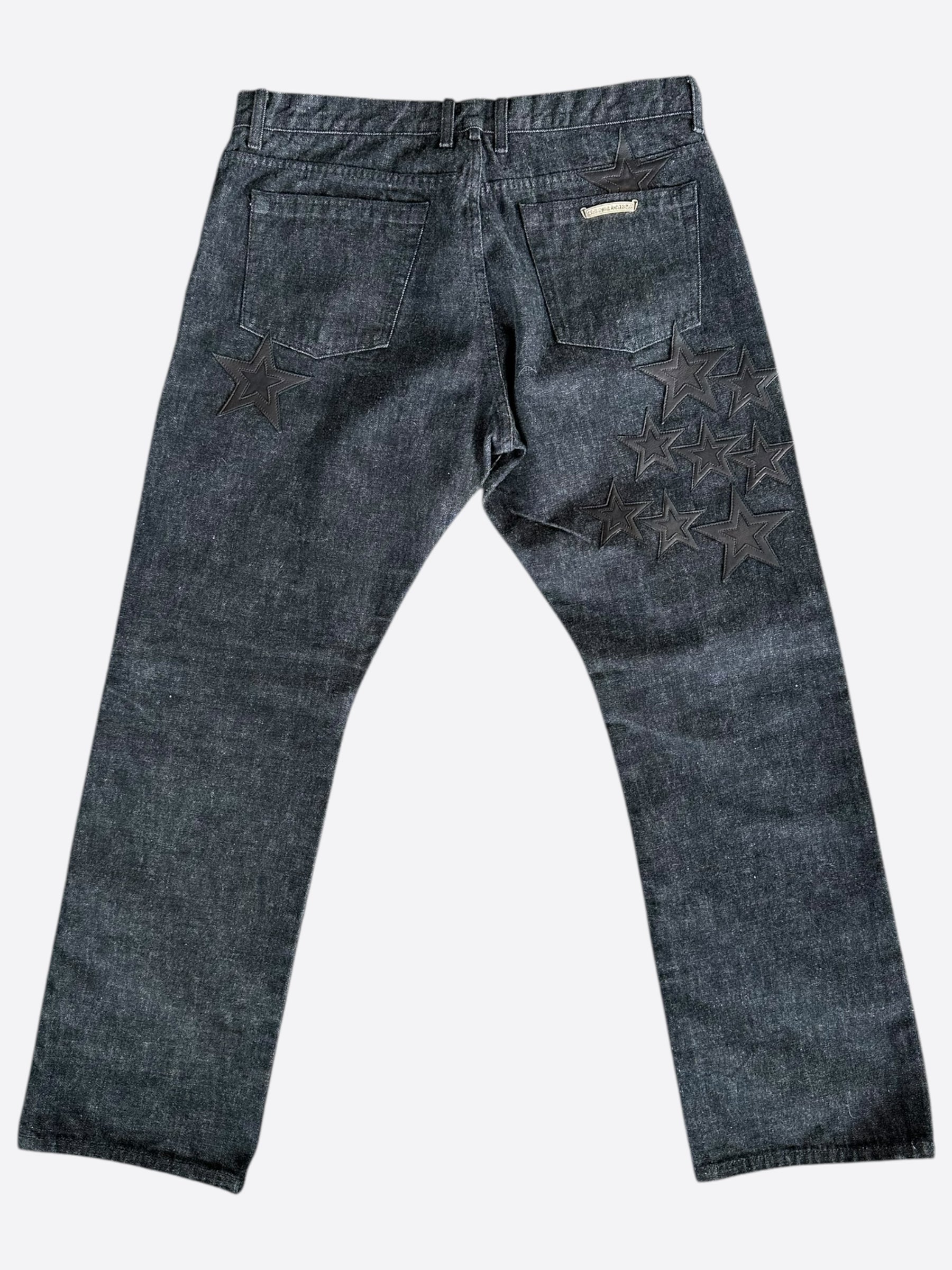 Chrome Hearts Grey & Black Star Patch Jeans - Stylish Distressed Denim for Men & Women | Perfect for Streetwear, Casual Outfits & Night Out Looks