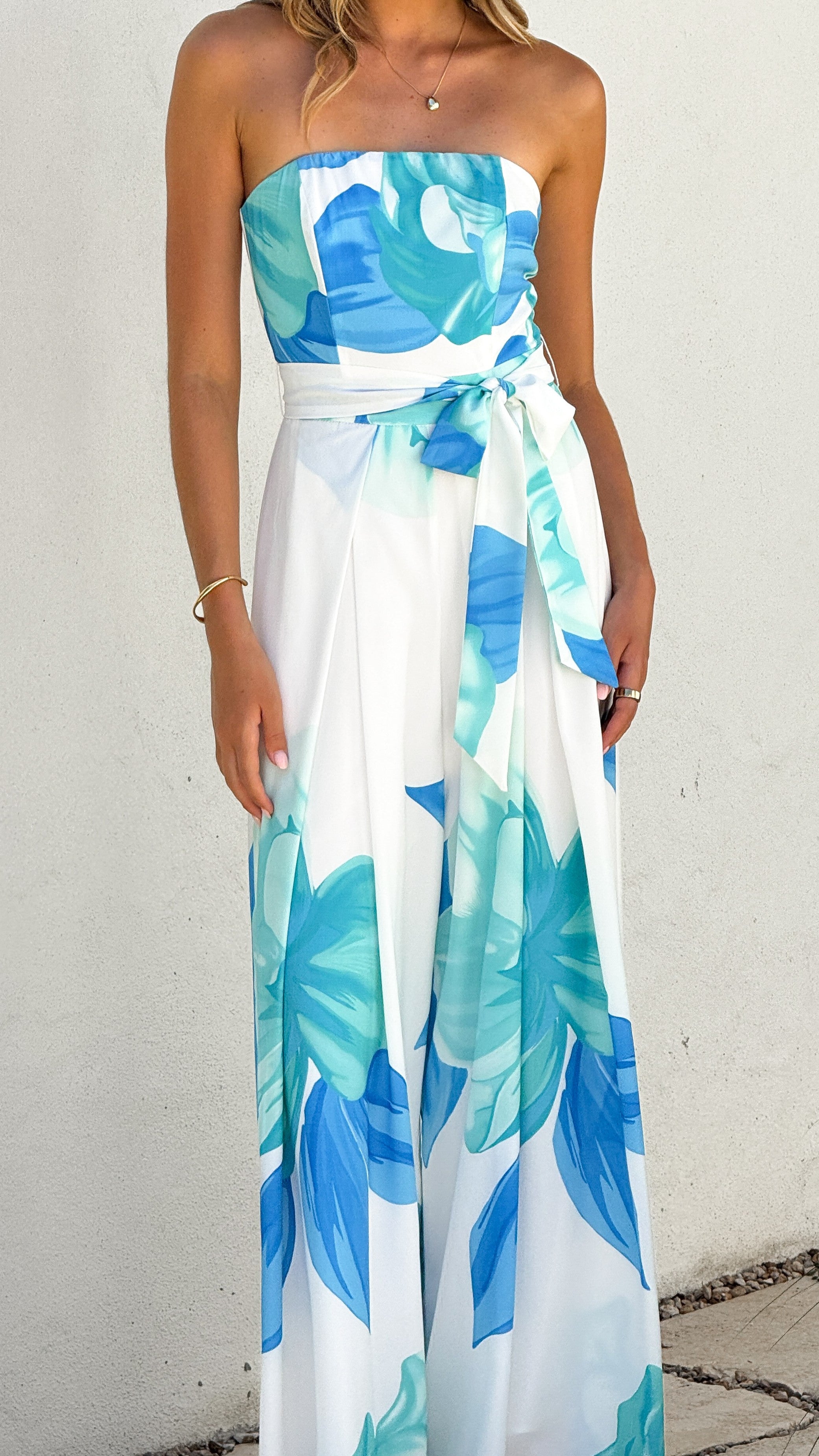 Maisy Strapless Jumpsuit for Women - Blue Teal Romper for Summer, Beach, and Party Wear