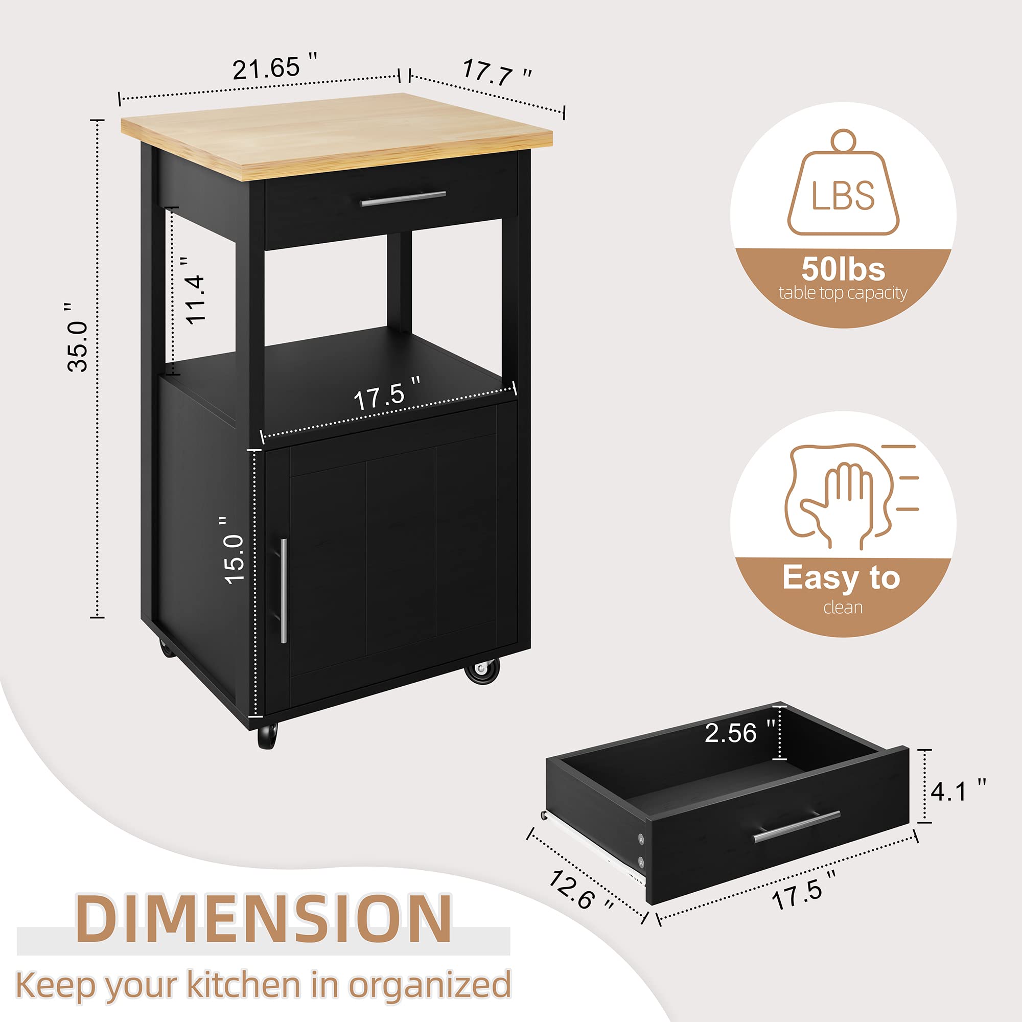 Shintenchi Kitchen Island Cart with Storage - Rolling Mobile Kitchen Cart with Worktop, Single Door Cabinet & Drawer - Perfect for Small Kitchens, Dining Rooms & Apartments - Black