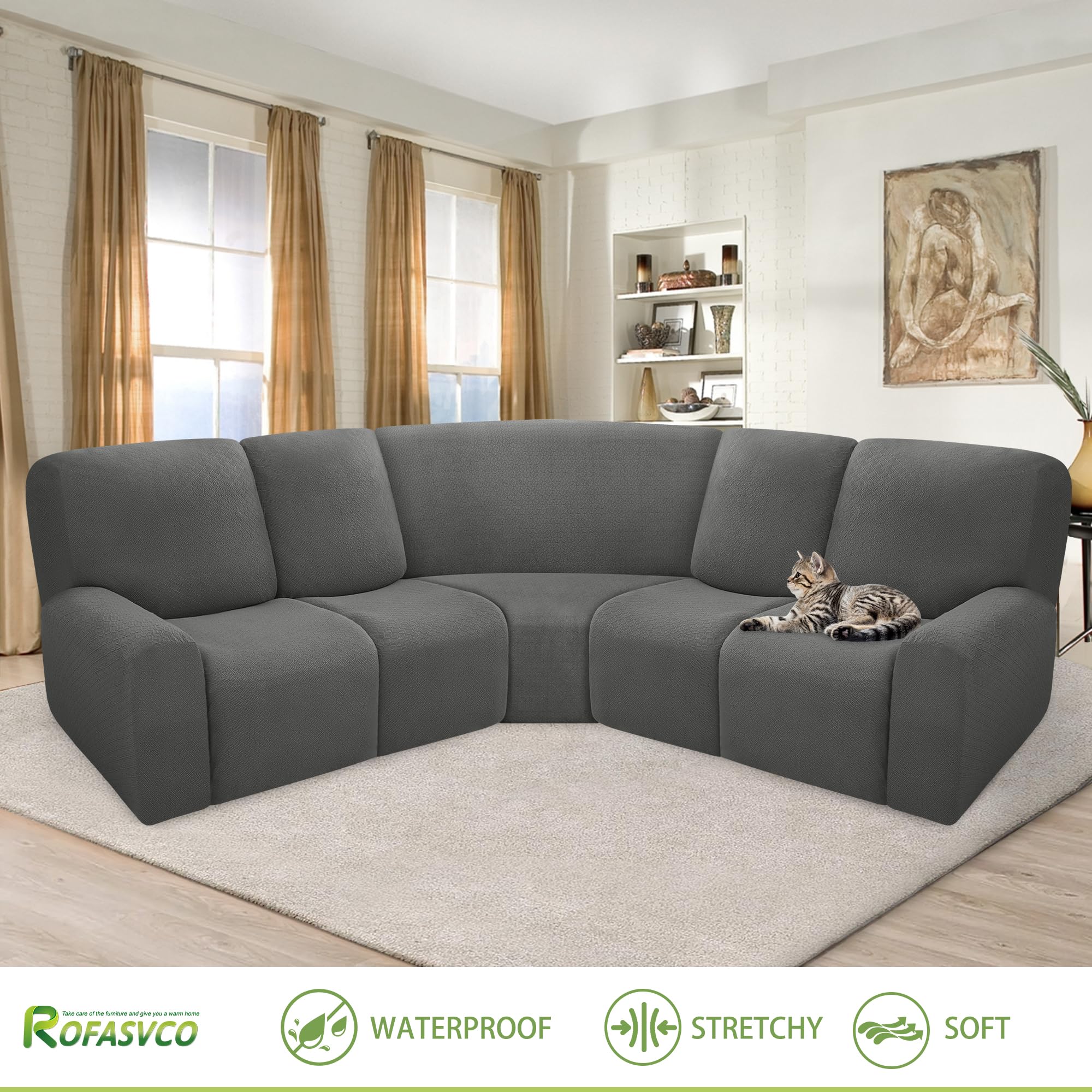 100% Waterproof Reclining Sectional Couch Cover - 5-Piece L-Shaped Stretch Fleece Sofa Slipcover - Washable, Non-Slip Corner Protector for Recliners (5-Seat, Gray) - Perfect for Pets, Kids & Spill Protection in Living Rooms