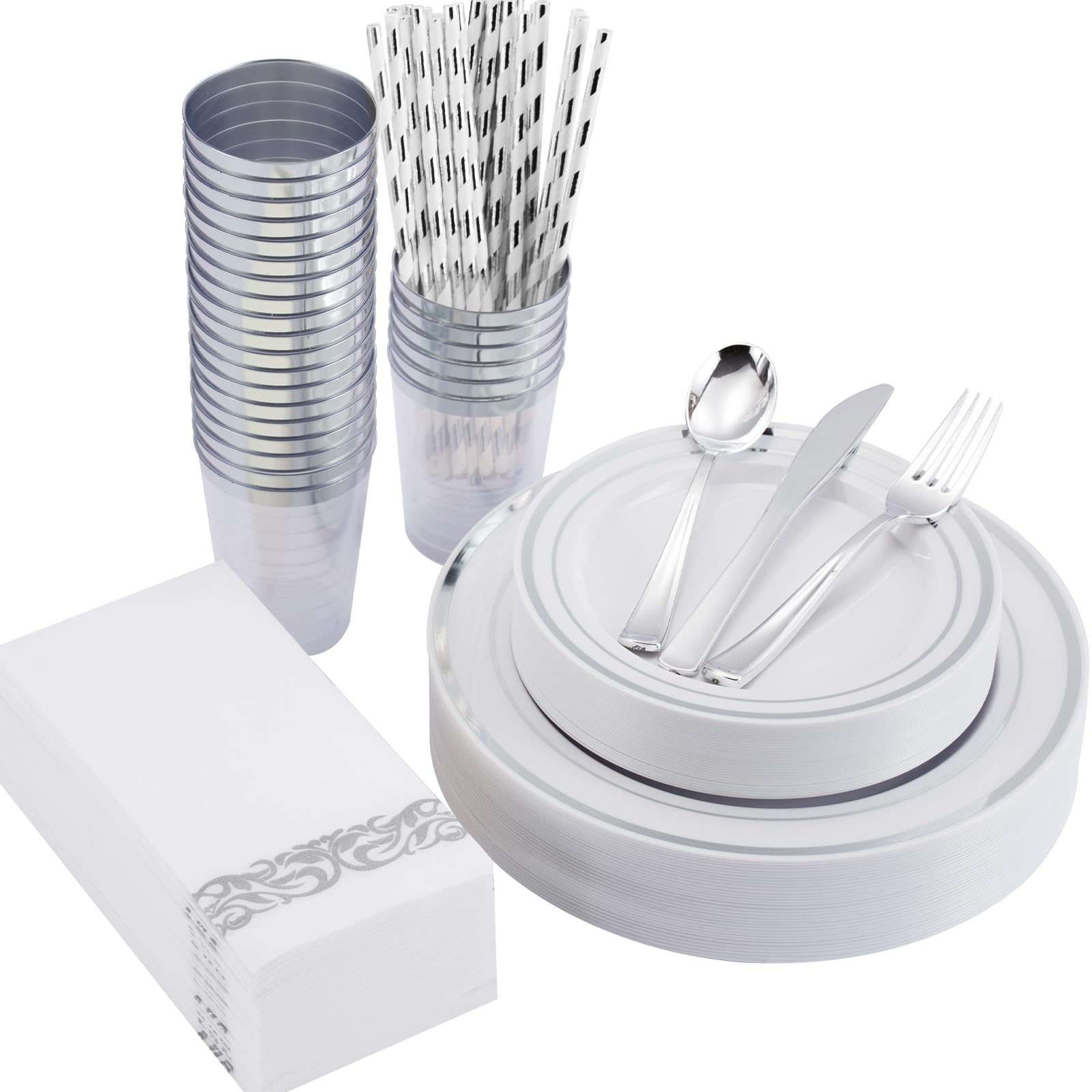 200-Piece Silver Disposable Dinnerware Set for 25 Guests - Heavy Duty Plastic Plates with Silver Rim, Includes Dinner Plates, Dessert Plates, Silverware, Cups, Napkins & Straws - Perfect for Weddings, Parties, Catering & Special Events