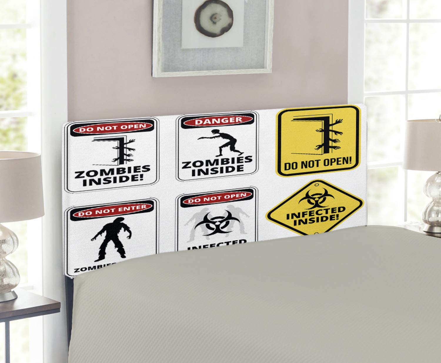 Ambesonne Zombie Headboard - Gothic Paranormal Design with Warning Signs, Upholstered Metal Bed Frame with Memory Foam - Twin Size Multicolor - Perfect for Horror Themed Bedrooms & Halloween Decor