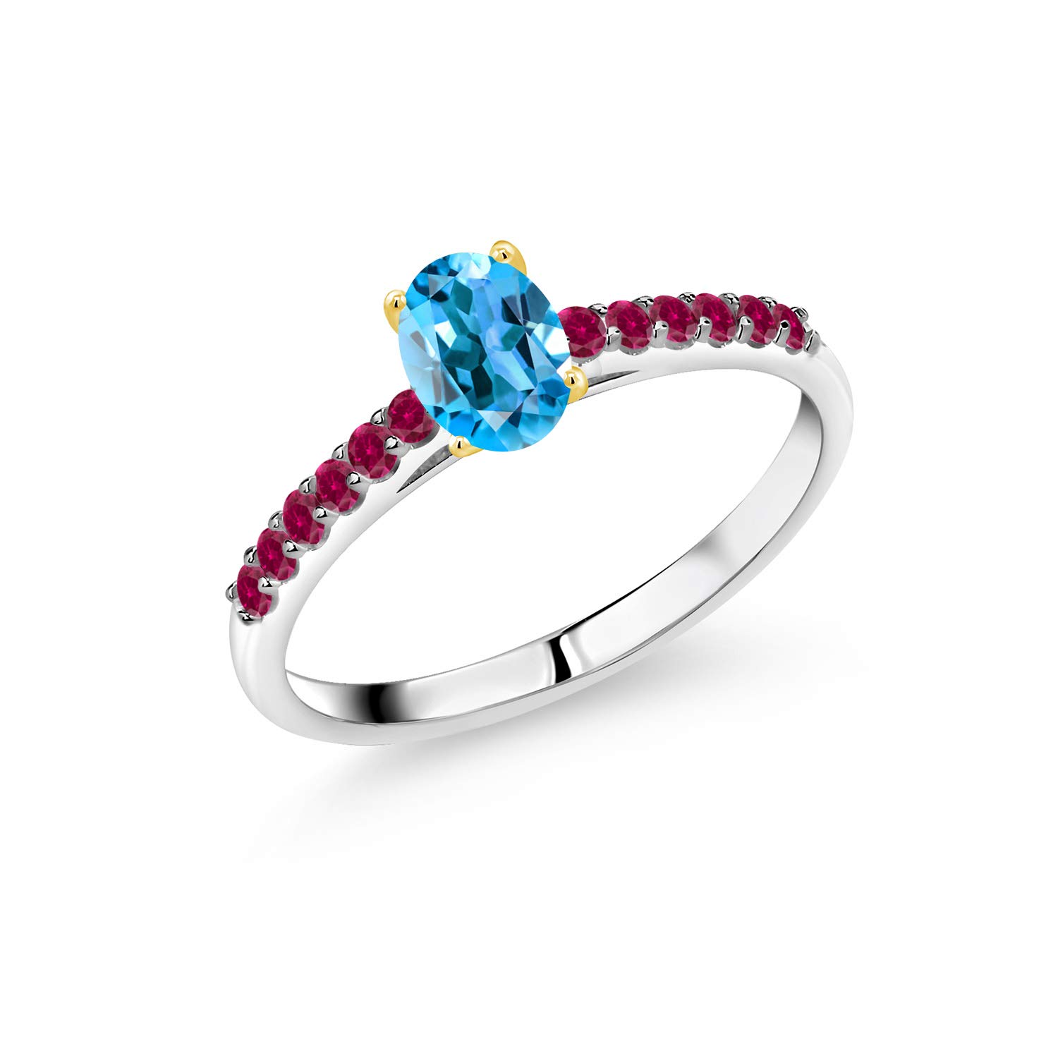 0.73 Ct Swiss Blue Topaz & Red Created Ruby 10K White Gold Ring with Yellow Gold Prongs - Elegant Birthstone Jewelry for Women, Perfect for Anniversary Gifts, Valentine's Day & Special Occasions