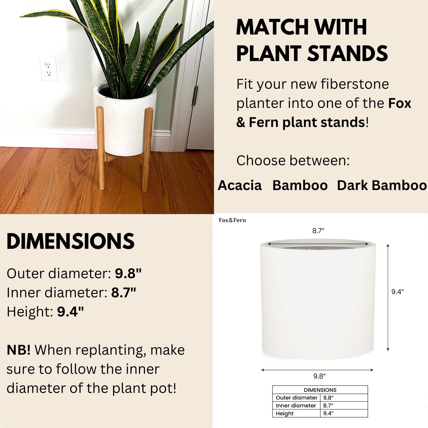 Premium 10 Inch Fiberstone Planter with Drainage - Lightweight Matte White Indoor/Outdoor Plant Pot - Weather & UV Resistant Flower Container for Home Garden, Patio & Office Decor