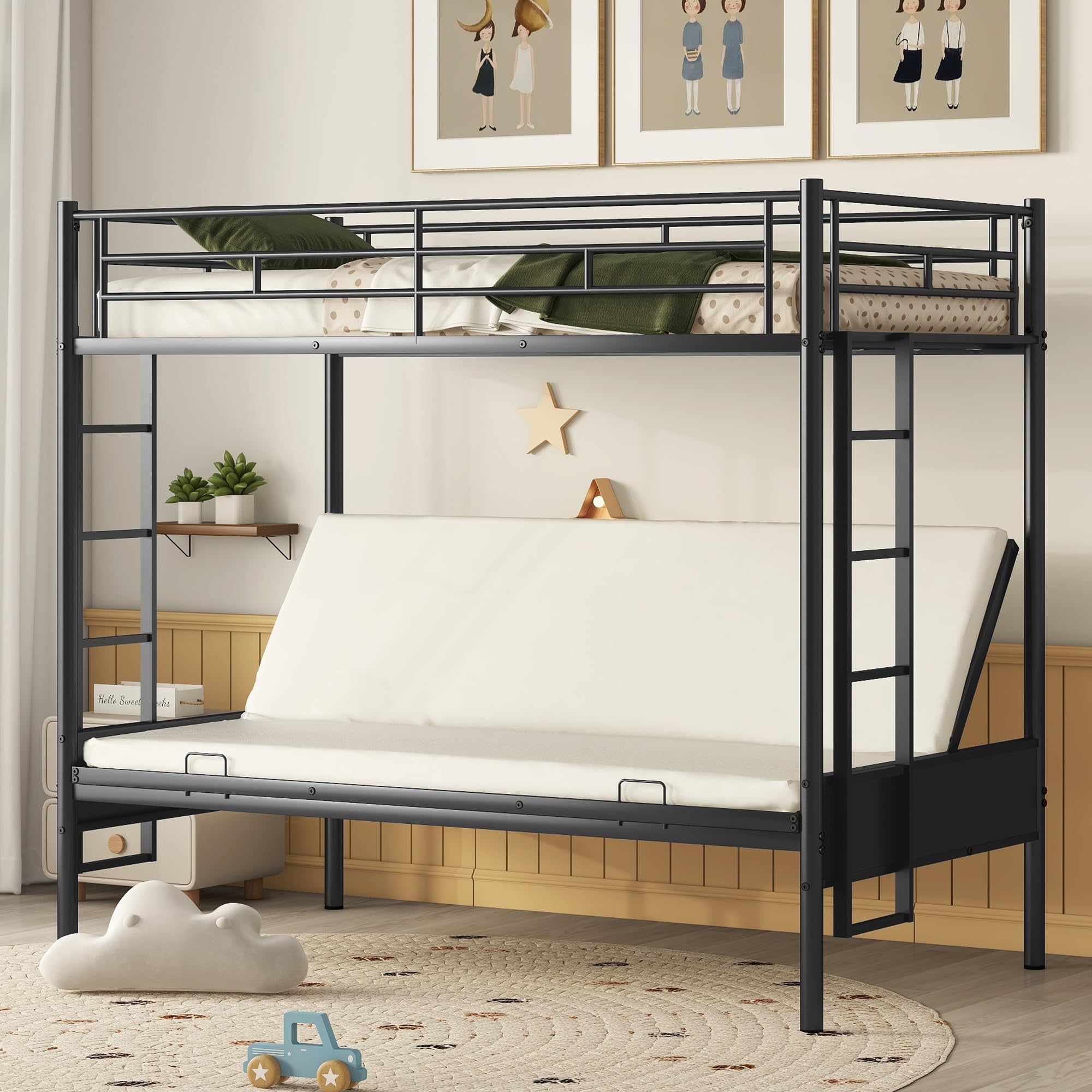 Convertible Twin Over Full Bunk Bed with Sturdy Steel Frame - Metal Bunk Bed & Sofa for Kids, Teens & Adults - Space-Saving Black Bed Frame with Safety Guard Rail & Ladder - Perfect for Small Bedrooms, Guest Rooms & Dormitories