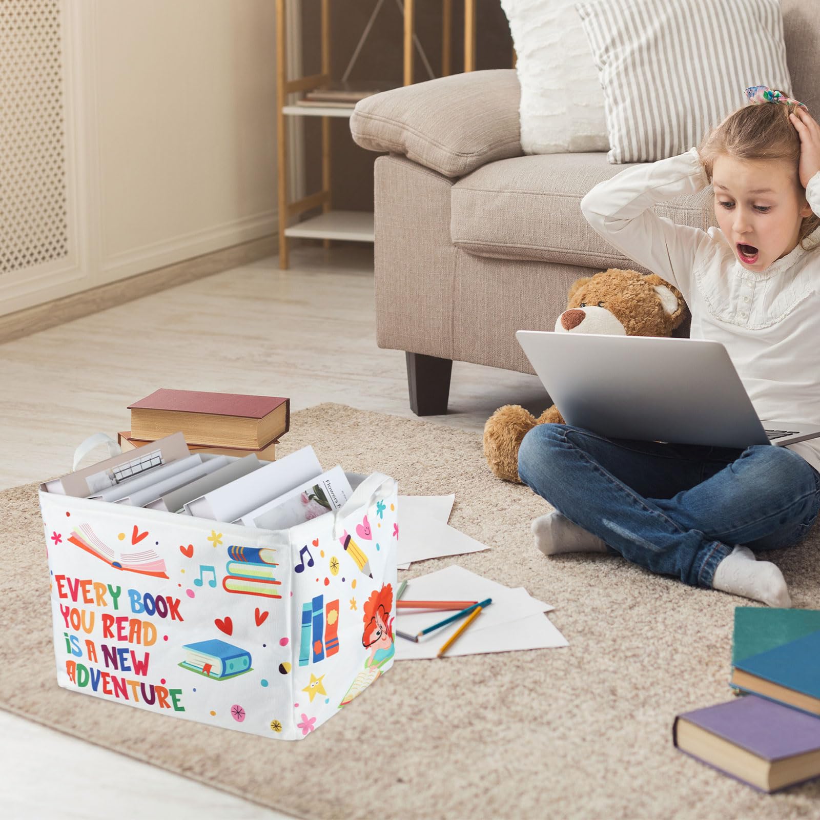 Domensi 4-Pack Foldable Kids Book Storage Bins - 15.7 x 11.8 x 11.8 Inch Rectangle Book Organizer for Nursery, Classroom & Library | Collapsible Book Basket for Bedroom, Closet & Playroom Organization | Perfect for Toy Storage, Book Display & Kids Room Decor