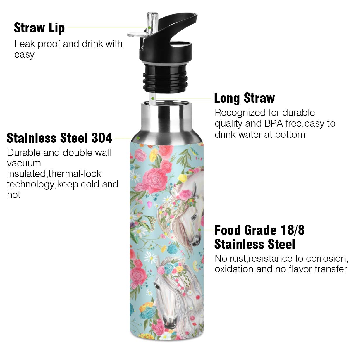 Premium Stainless Steel Vacuum Insulated Water Bottle with Wide Handle - 18oz/500ml Leakproof Standard Mouth Thermos for Hiking, Gym & Office - Flower Horse Design