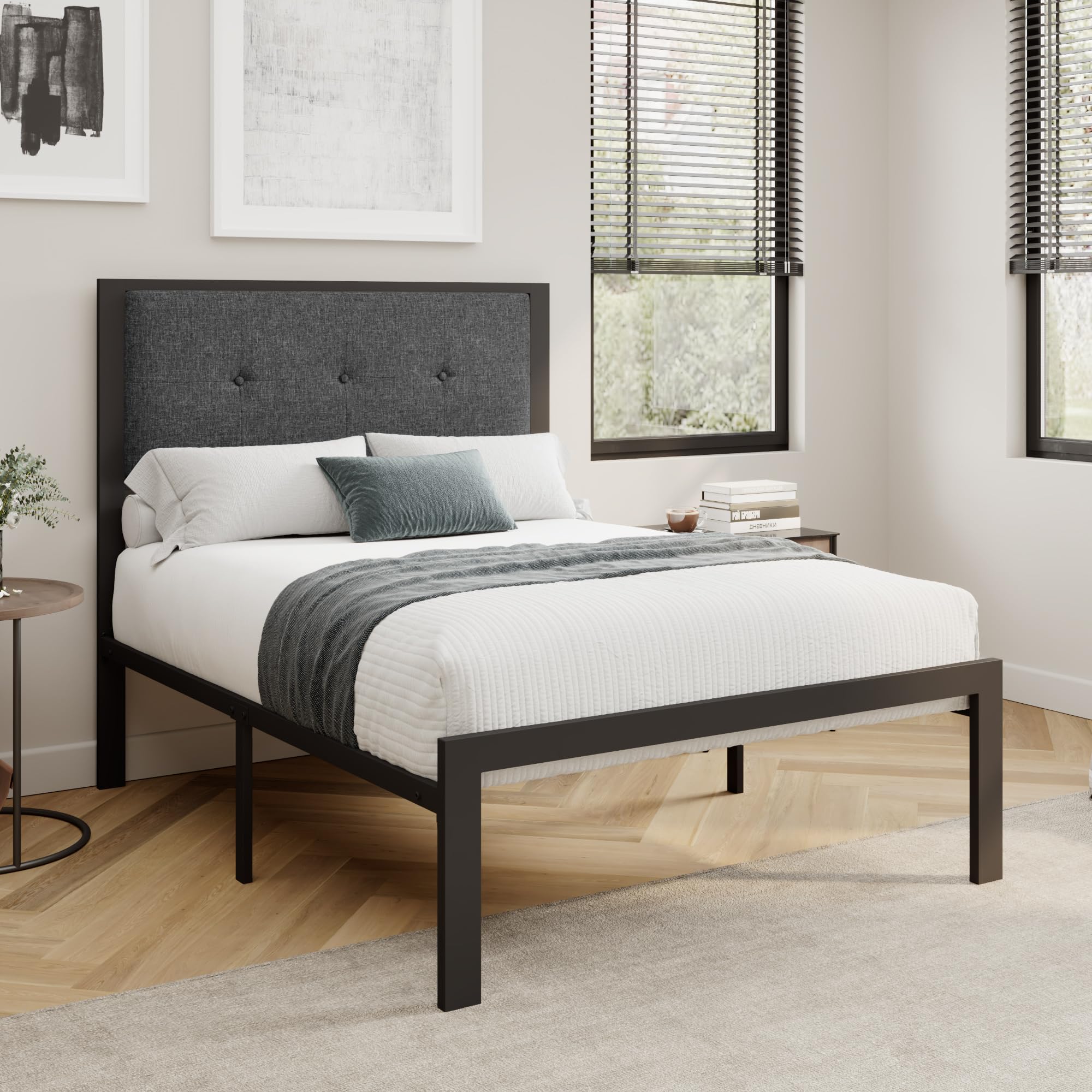 Allewie Twin Size Bed Frame with Upholstered Button Tufted Headboard - 12.4
