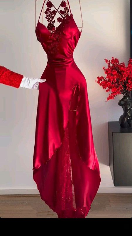 Elegant A-Line Red Satin Long Prom Dress with High Slit - Perfect for Parties, Homecoming & Evening Events - Style J6735