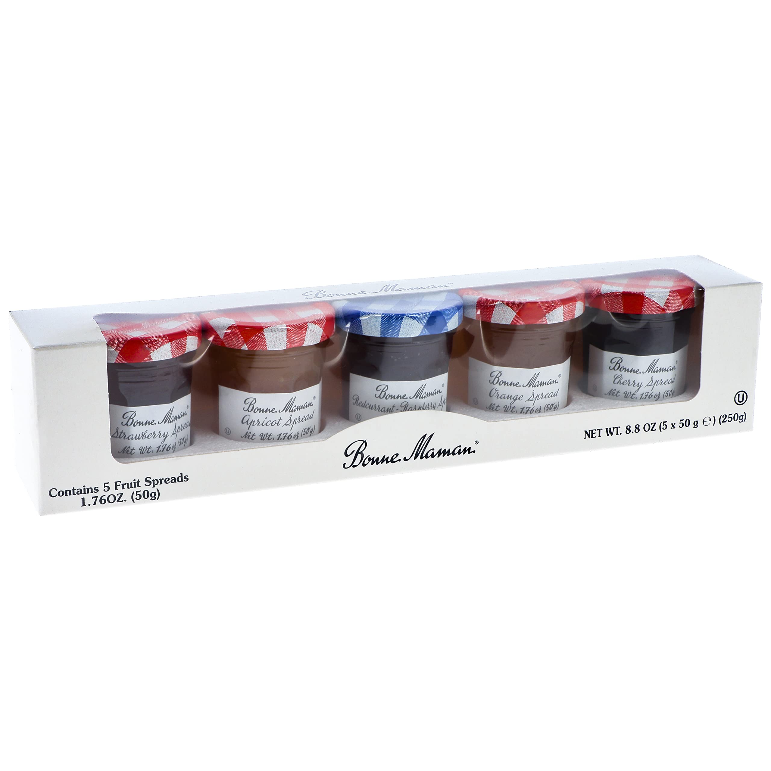 Bonne Maman French Gourmet Preserves Variety Pack - 5 x 1.76oz Jars (Apricot, Cherry, Orange, Red Currant, Strawberry) | Artisan Fruit Spreads for Breakfast, Baking & Gift Giving | Premium Jam Sampler for Toast, Yogurt & Desserts