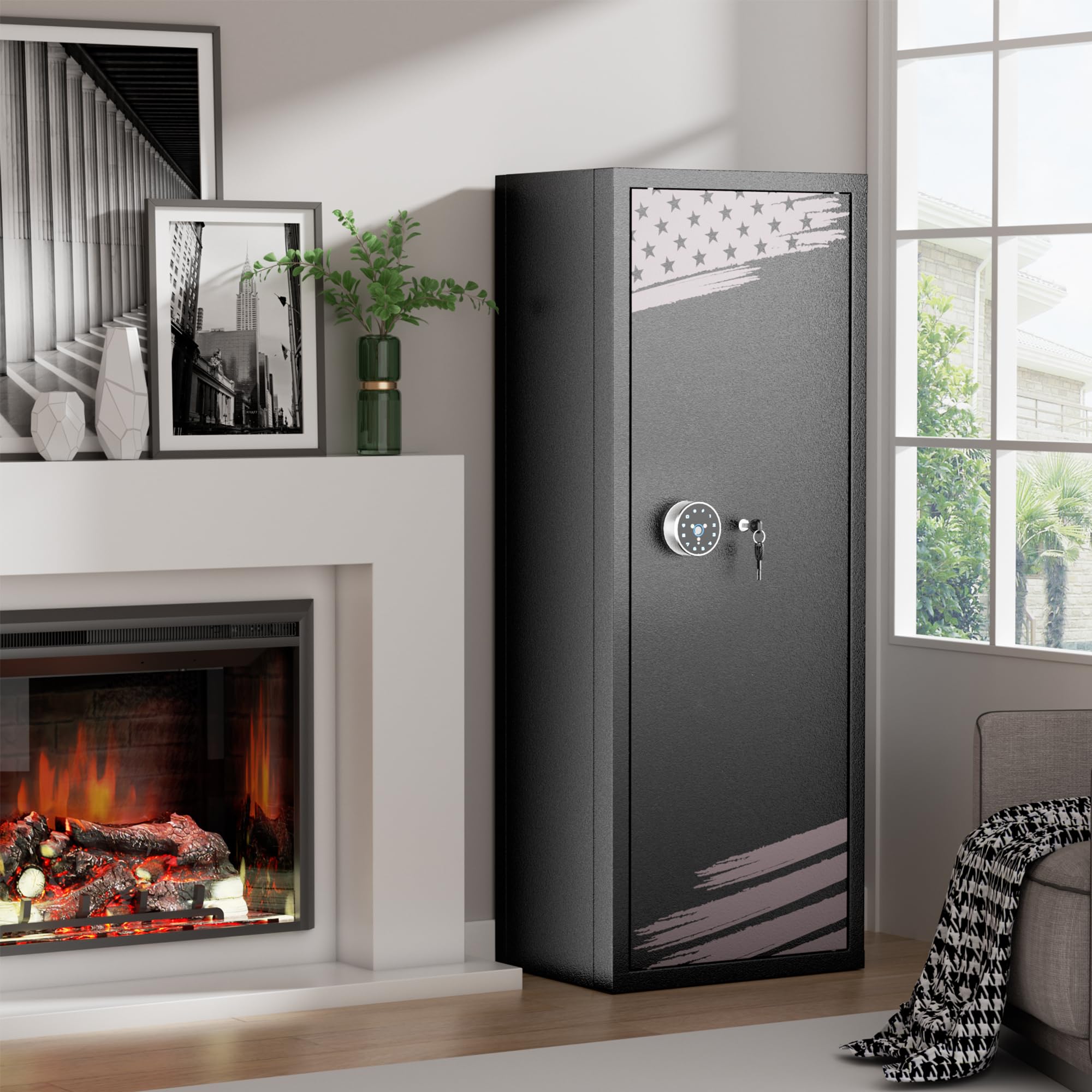 INTERGREAT 10-12 Gun Safe Rifle - Large Firearm Security Cabinet for Home Rifles & Pistols with Patriotic Flag Design - Quick Access Gun Safe with 3 Adjustable Shelves - Perfect for Bedroom, Basement or Garage Gun Storage