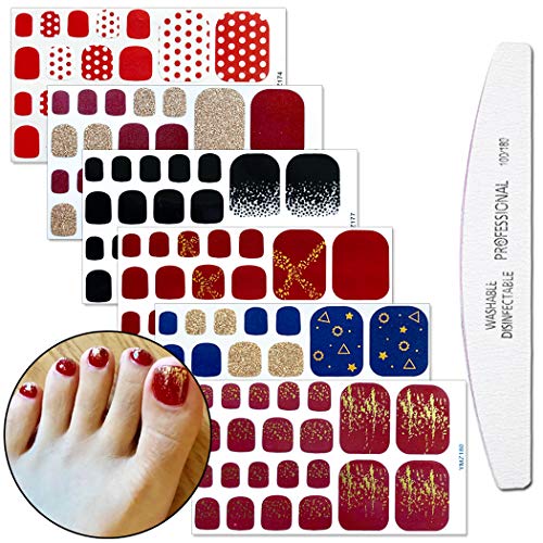 WOKOTO 6 Sheets Adhesive Toenail Art Polish Stickers with 1 Nail File - Glitter Manicure Design Full Wrap Nail Decals for Women - Perfect for Parties, Weddings & DIY Nail Art at Home