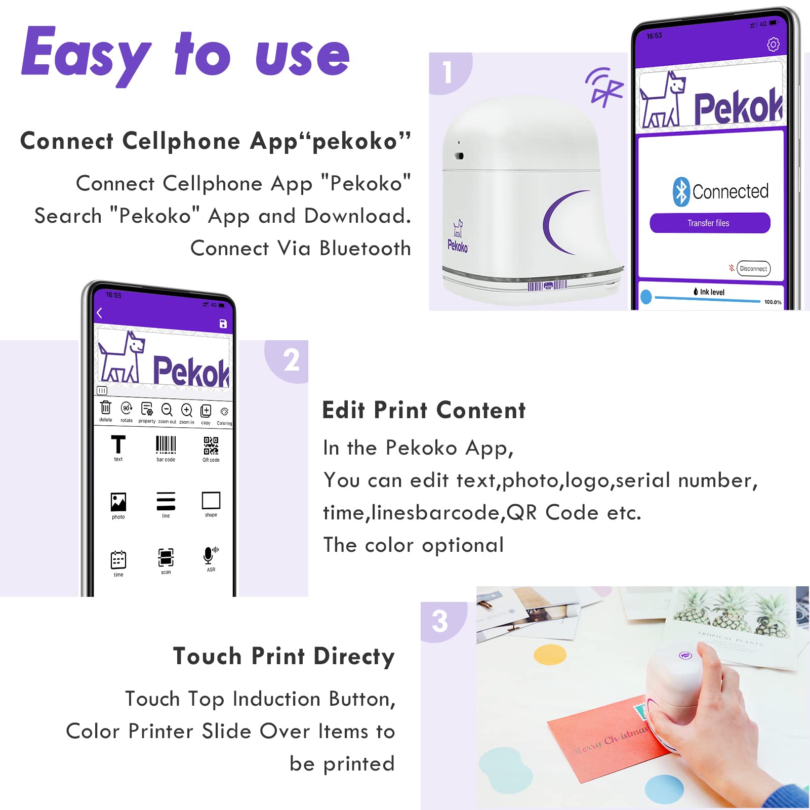 PEKOKO Portable Mini Handheld Inkjet Printer - Wireless Barcode & Label Printer, 1200dpi High Resolution for Home, Office & Retail Use