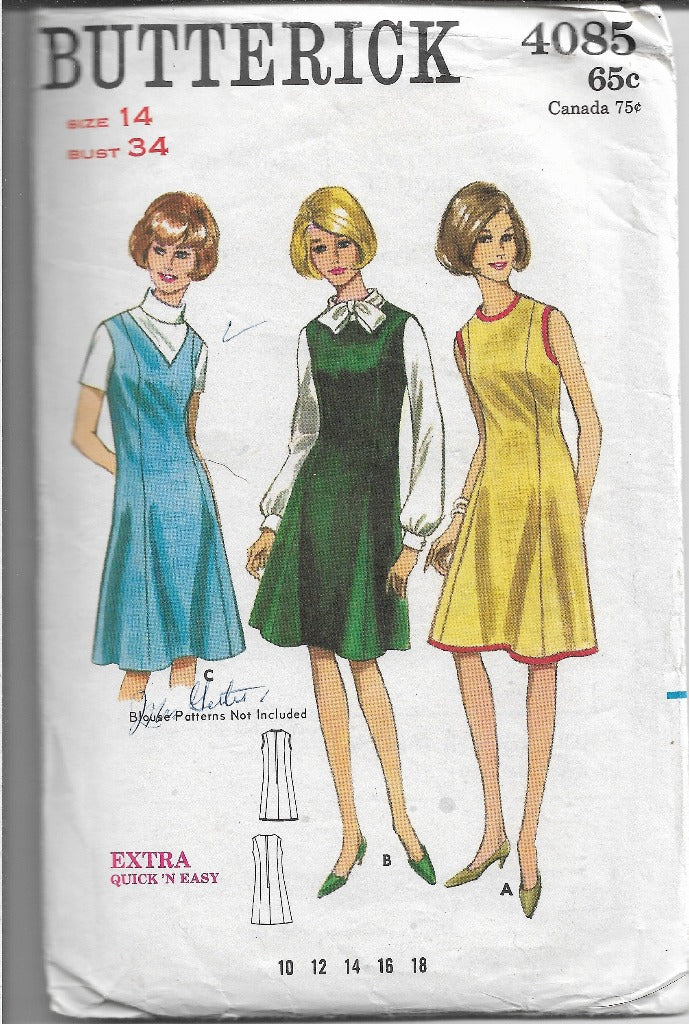 Vintage Butterick 4085 Sewing Pattern - 1960s Ladies Sleeveless Jumper Dress for Retro Fashion & Costume Making | DIY Historical Clothing Reproduction